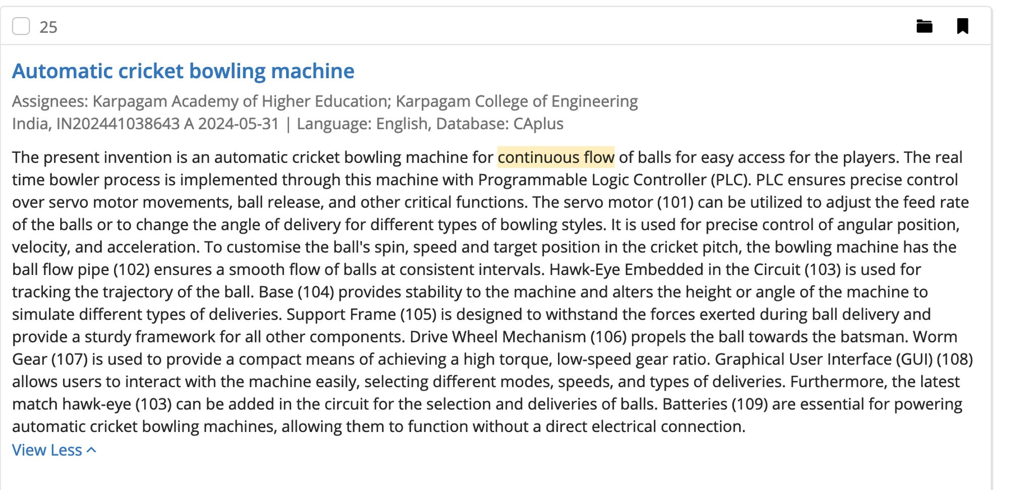 SciFinder search result for 'continuous flow' found a patent for cricket bowling machine.