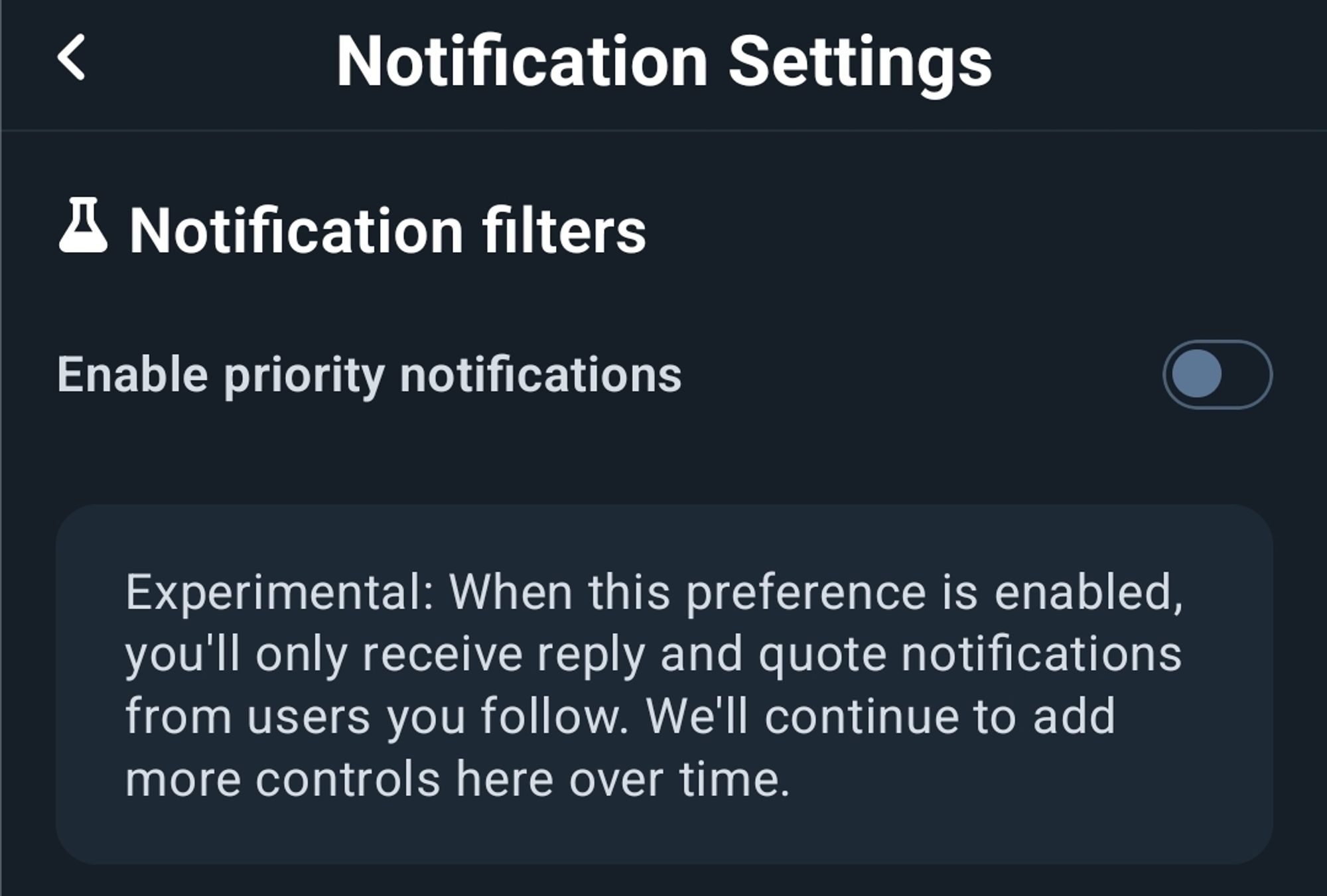 Notification filters on Blue sky with Enable Priority Notifications turned off.