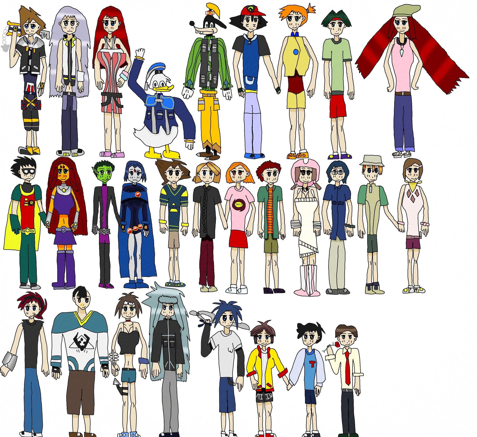 Sora, Riku, Kairi, Donald, Goofy, Ash, Misty, Tracey, Melody, Robin, Starfire, Beast Boy, Raven, Taichi, Yamato, Sora, Koshiro, Mimi, Joe, Takeru, Hikari, Recca, Domon, Fuko, Mikagami, Koganei, Isami, Toshi, and Soshi from Kingdom Hearts, Pokemon anime, Teen Titans 2003 cartoon, Digimon, Flame of Recca, and Soar High! Isami respectively are rendered in K-on! Style(as much as I hate K-on, as a series as well its characters), I give K-on art style a shot, not only this can make all of those 29 characters even cuter Crysis Nanosuit voice Maximum cuteness voice ends here. and it's (Somewhat) easier than at least some of future Art styles I consider trying to render those characters