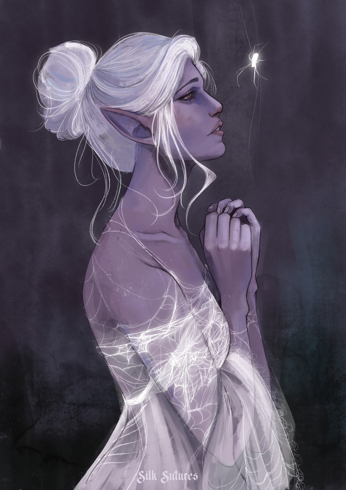 Painting of a purple elf, hands clutched together looking up at a white spider. She's dressed in a white web robe. 