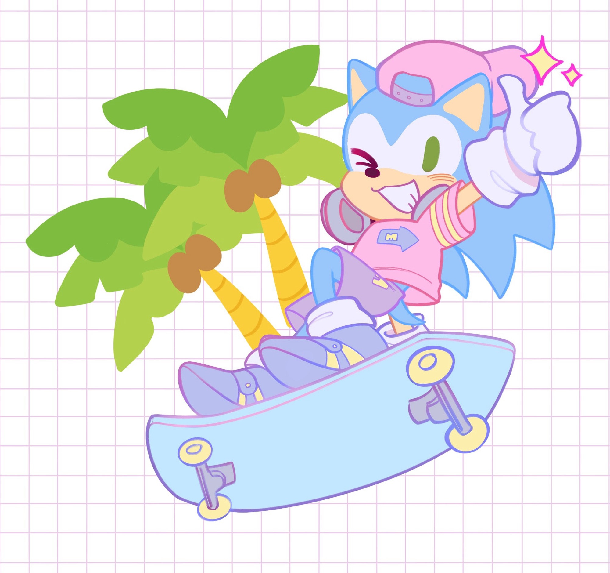 Sonic in his OVA outfit on a skateboard
