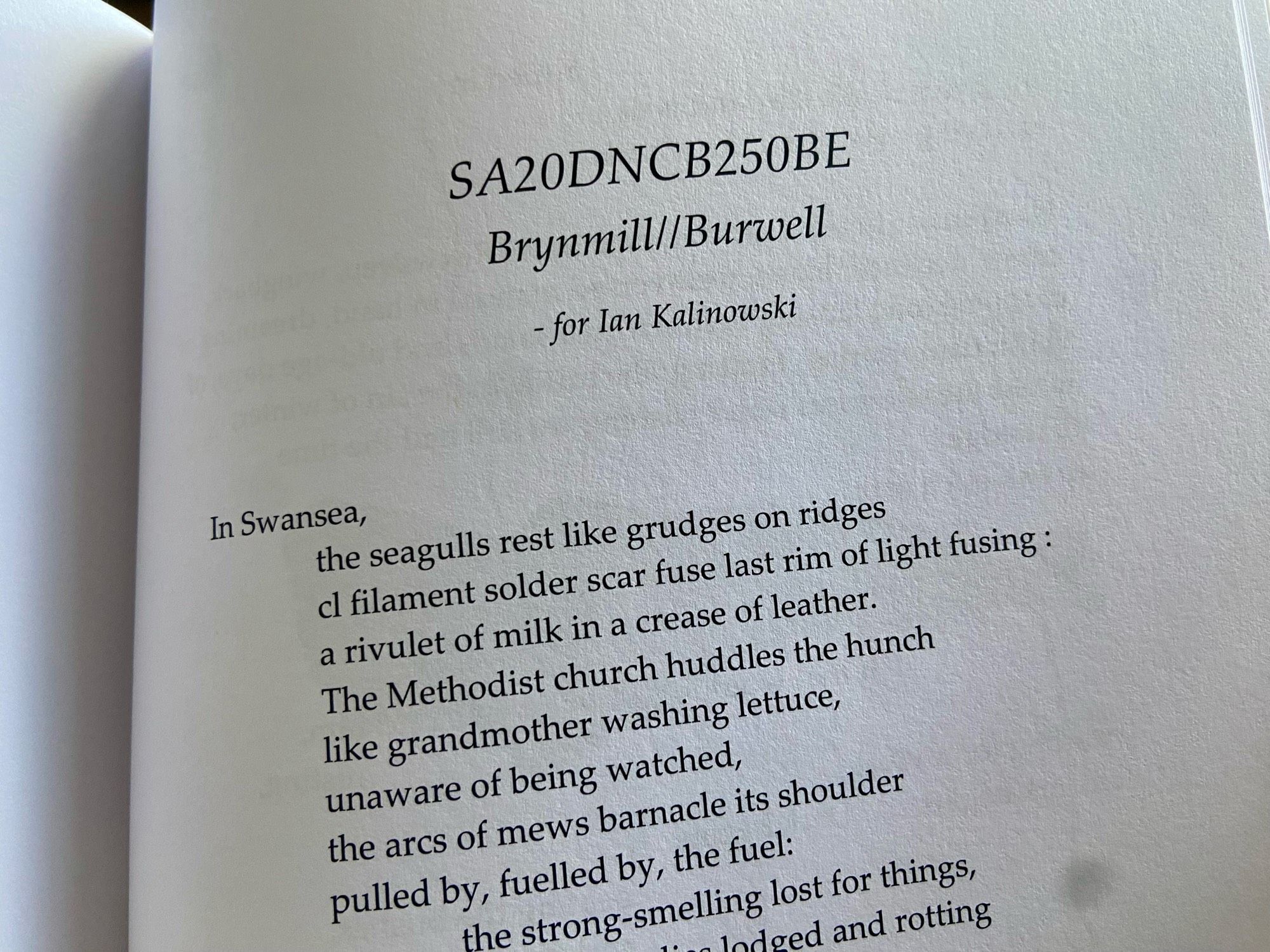 A poem from Christopher Cornwell’s collection ‘ergasy’. The text reads: 

SA20DNCB250BE
Brynmill/Burwell

- for lan Kalinowski

In Swansea,
the seagulls rest like grudges on ridges 
cl filament solder scar fuse last rim of light fusing :
a rivulet of milk in a crease of leather.
The Methodist church huddles the hunch 
like grandmother washing lettuce, 
unaware of being watched,
the arcs of mews barnacle its shoulder 
pulled by, fuelled by, the fuel:
the strong-smelling lost for things,