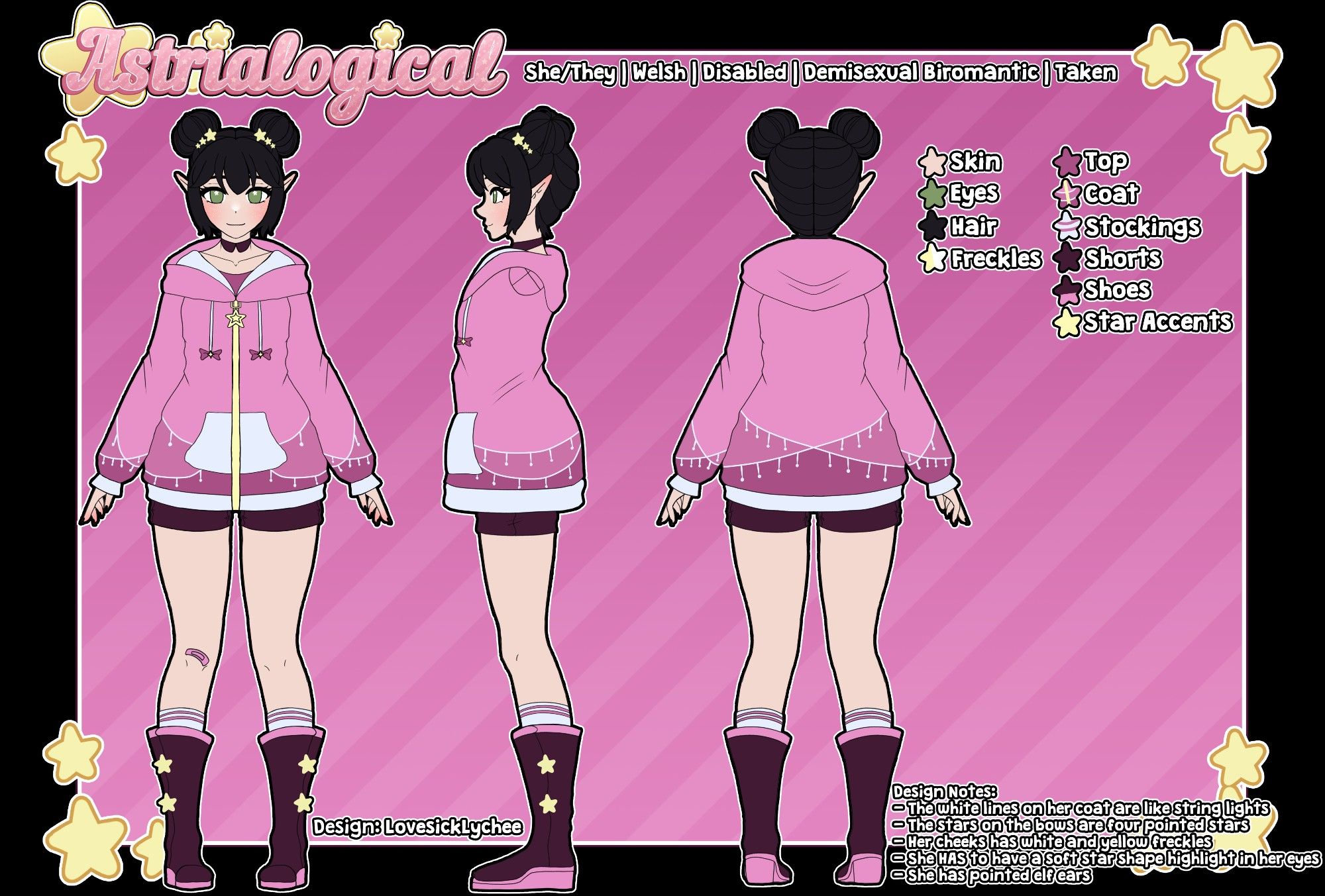 VTuber reference sheet of a black haired, green-eyed elf girl wearing a pink coat with white and yellow accents, stars, dark purple/red boots and shorts with her hair in twin buns with three little stars to tie them.