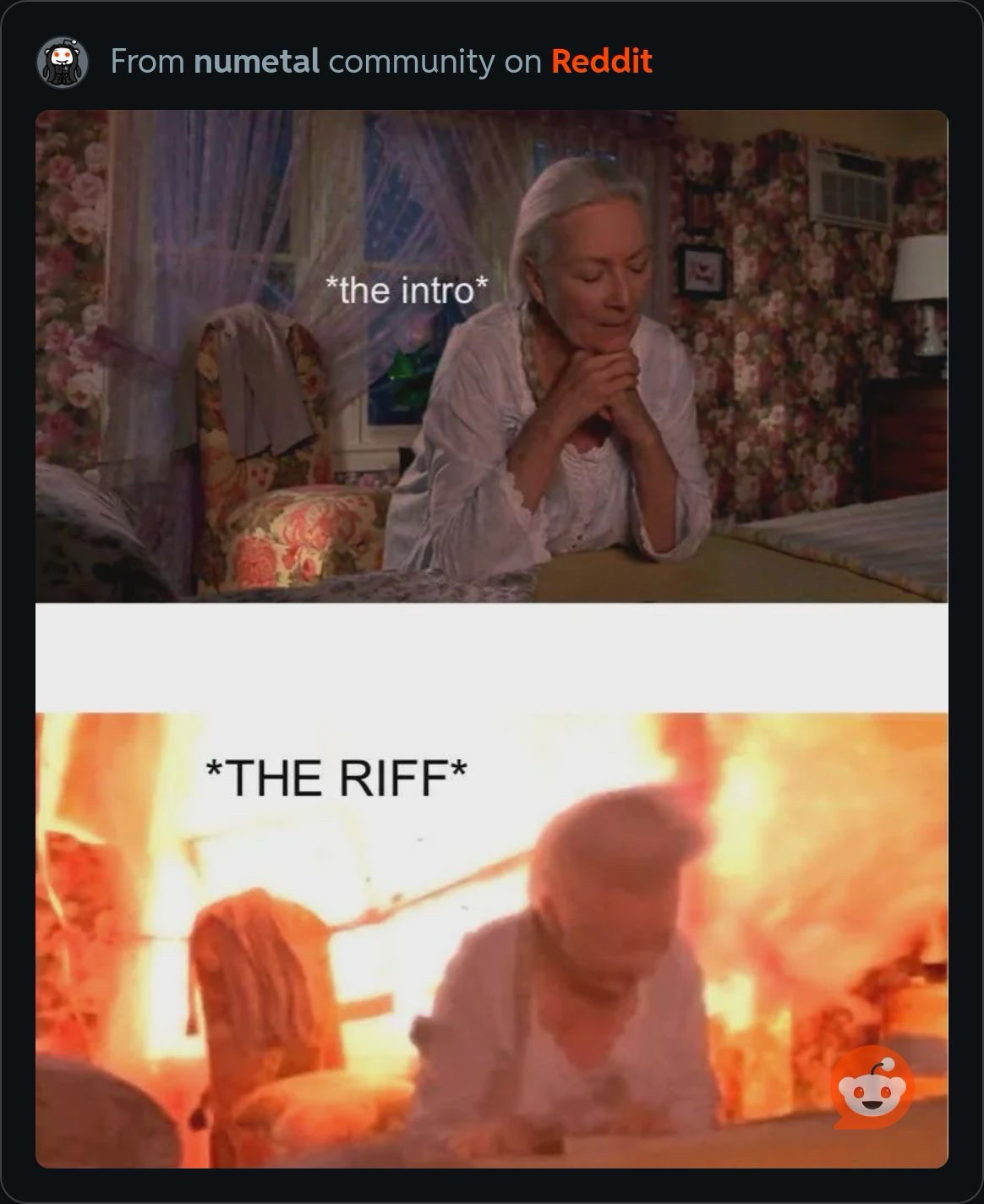 Top panel a nice lady praying captioned “the intro” bottom panel captioned “the riff” same image but being ripped apart in an explosion 