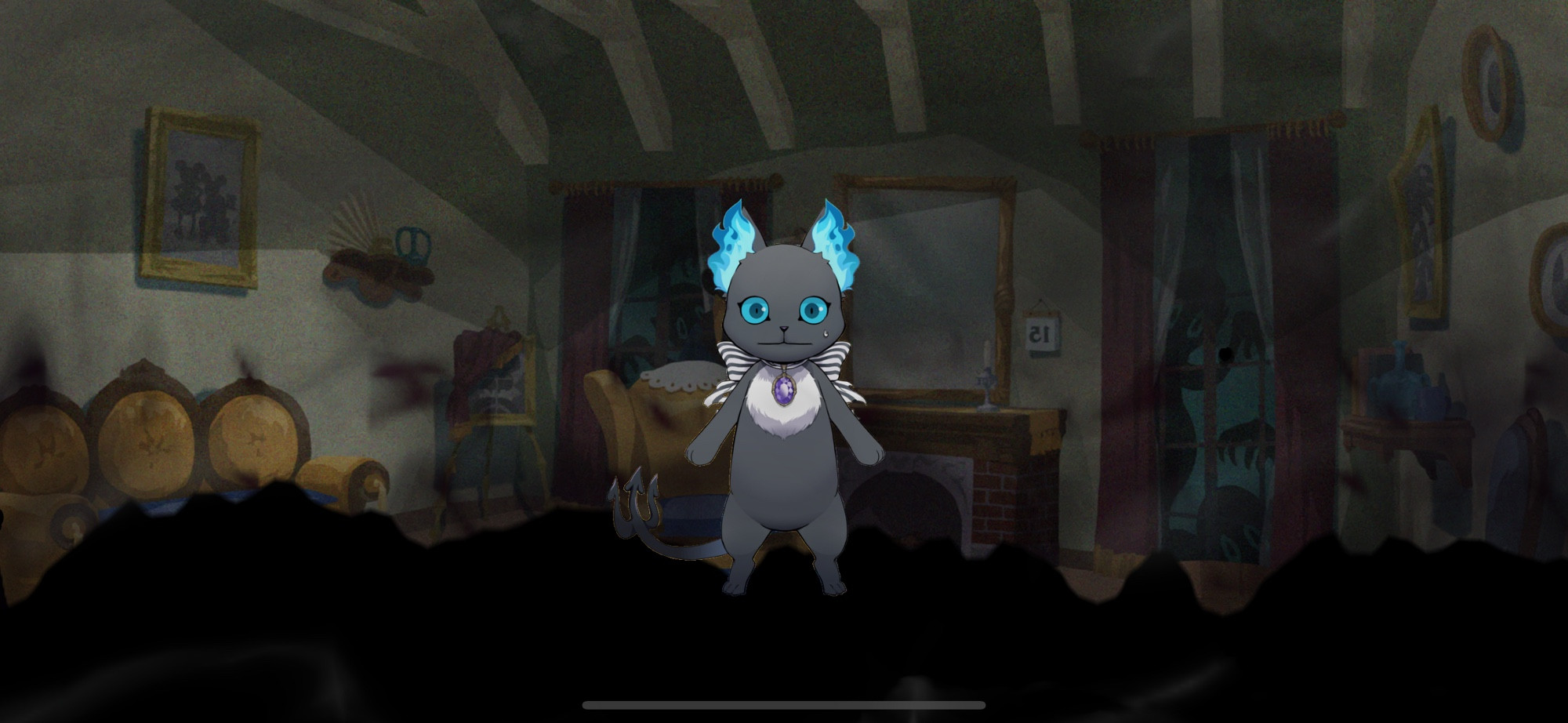 A screenshot from Twisted Wonderland showing Grim and a murky room background.