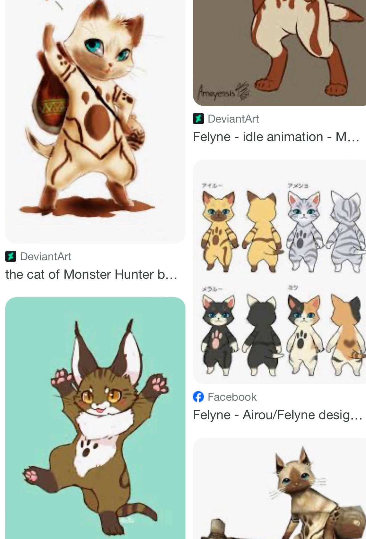 Screenshot of a Google Image search for drawings of the feline species Felyne from the Monster Hunter game series.