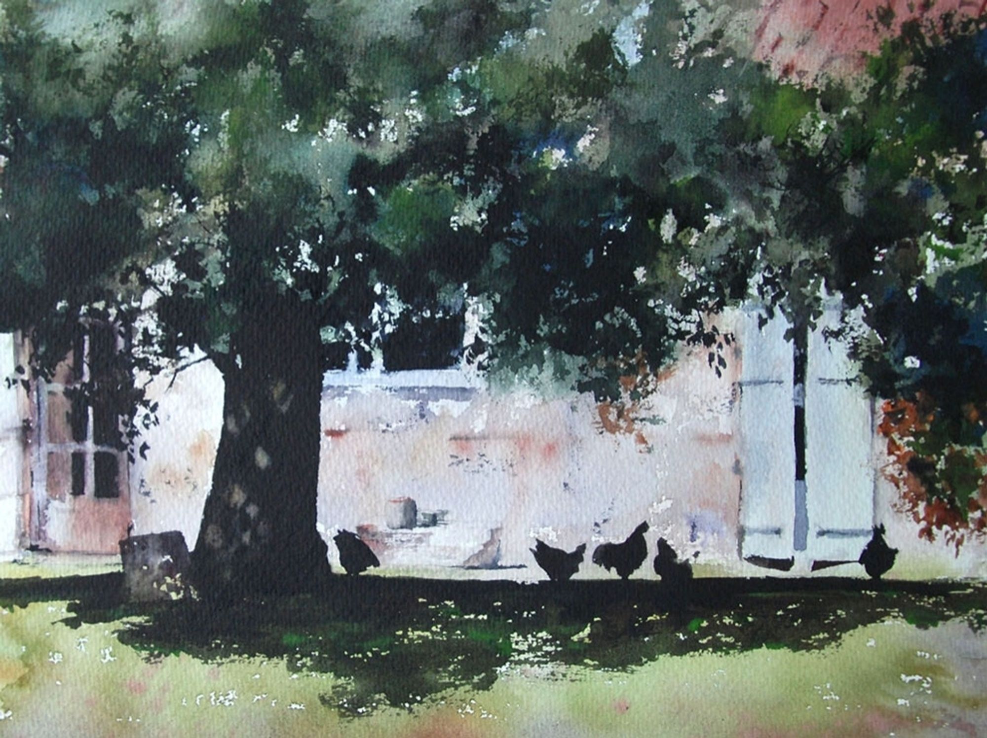 Watercolour painting of silhouetted chickens under a tree with a building behind.