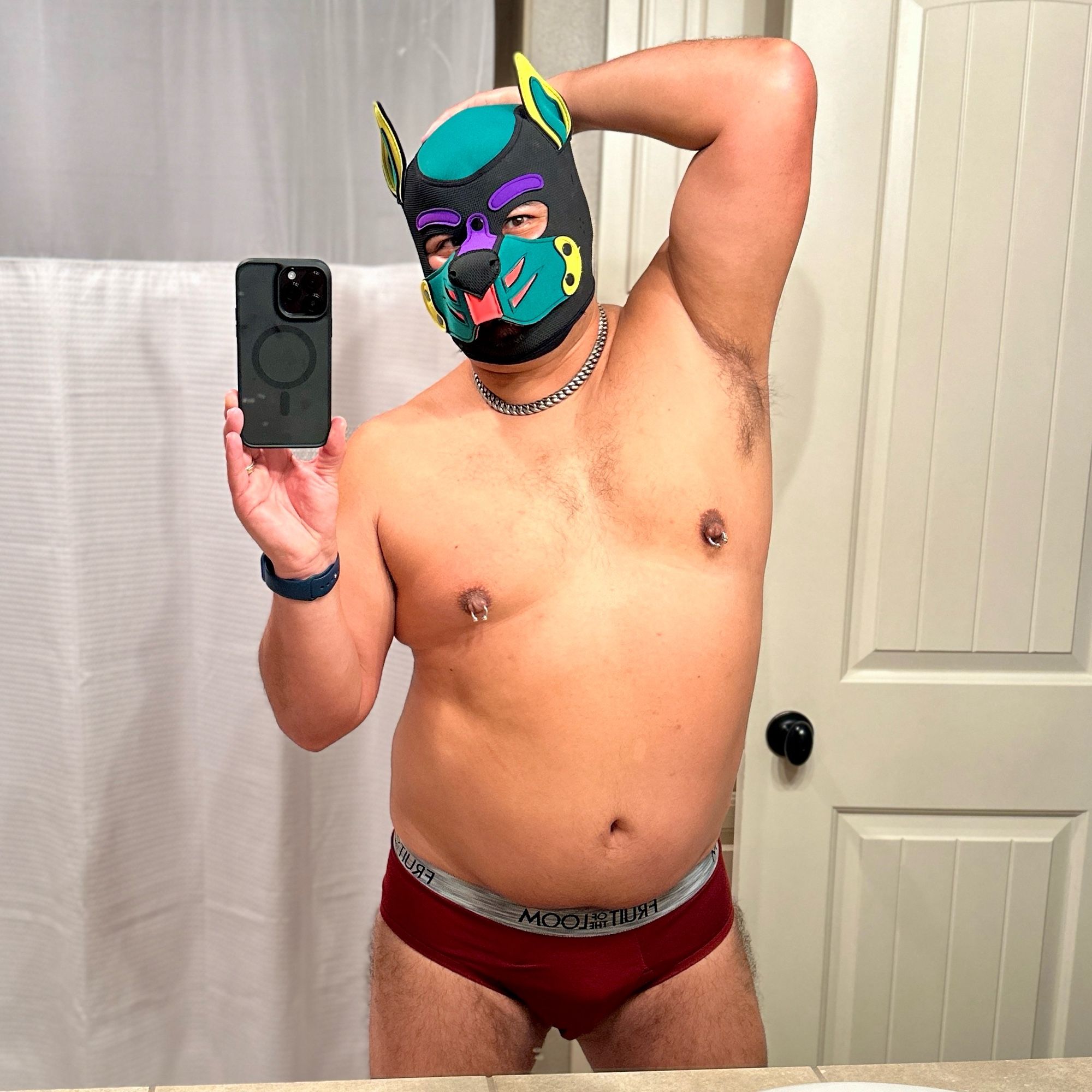 Pup Fornido taking a pic in the bathroom in maroon briefs