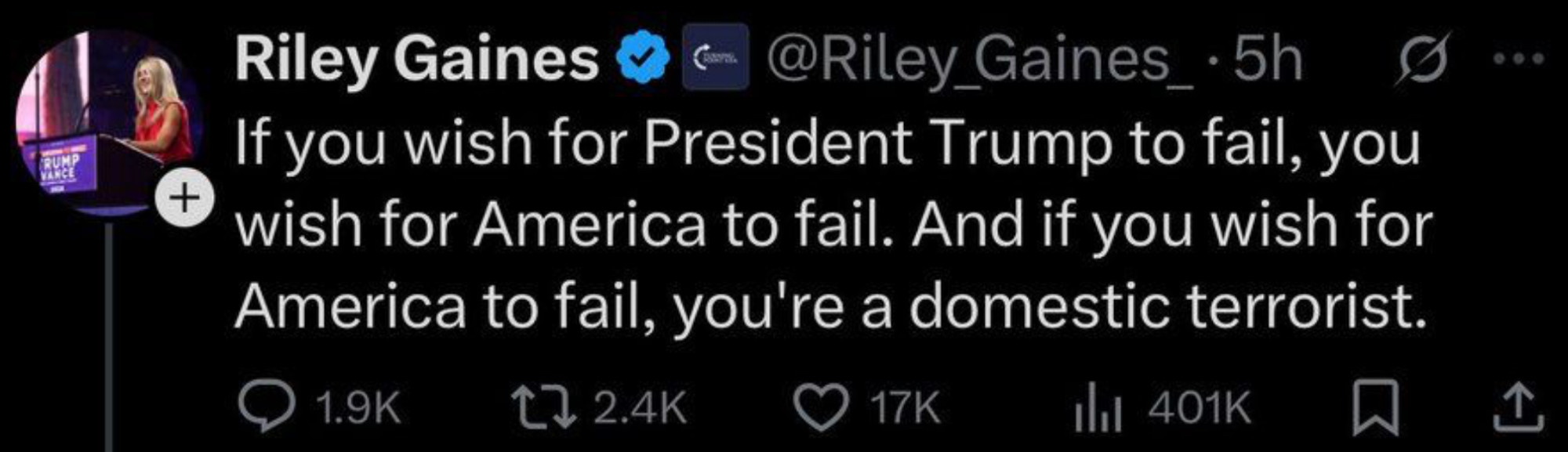 Riley Gaines tries to leverage her anti-trans fame to support fascism. 