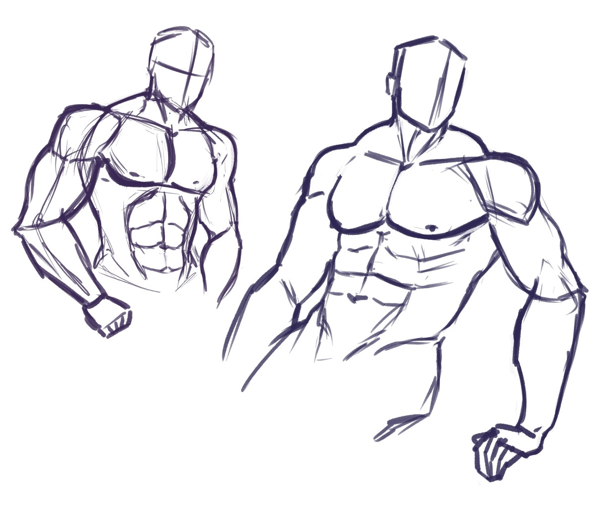 2 sketches of big beefy muscular men upper body. Man kitty. Abs. You get it.