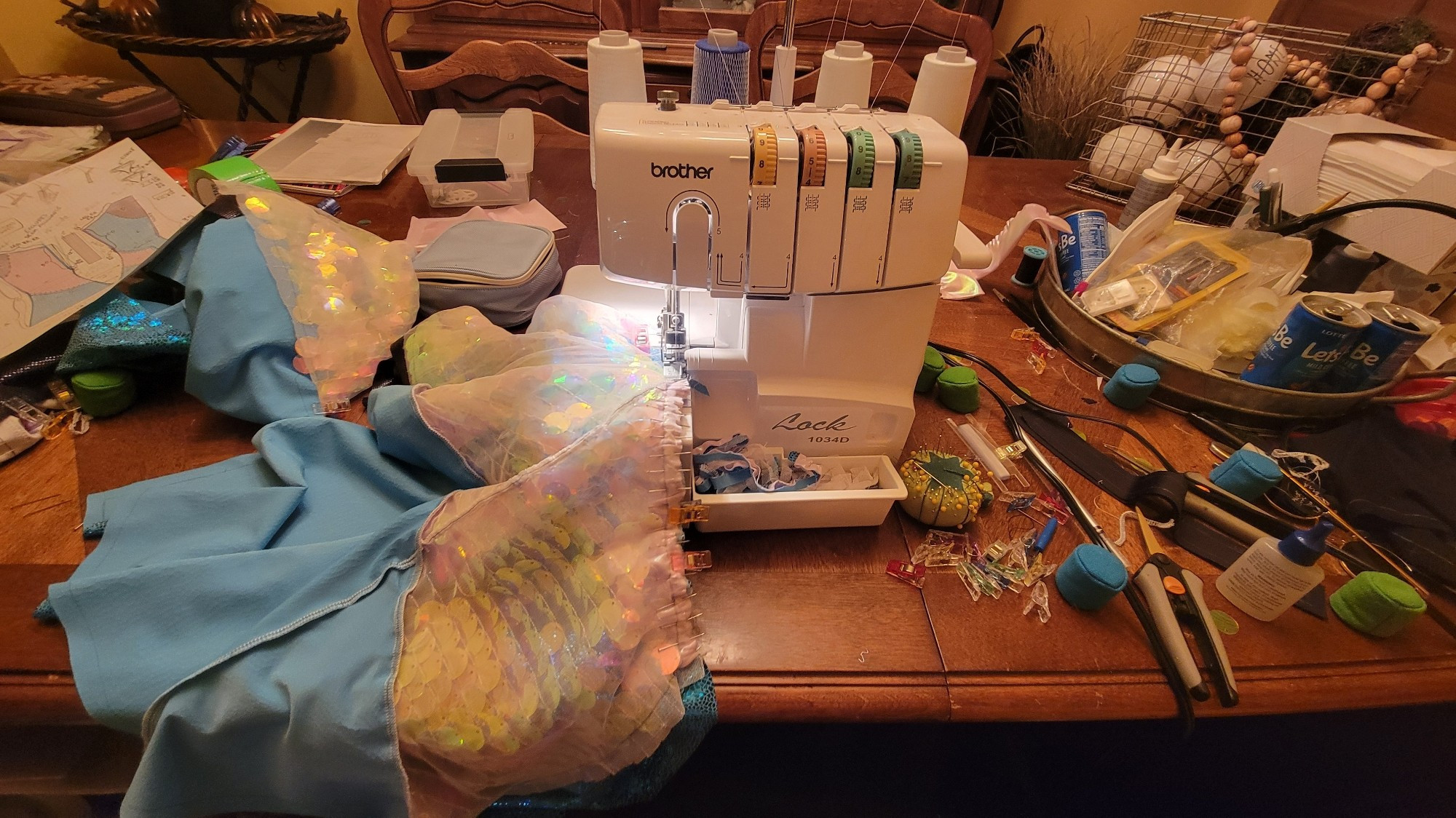 Process shot of sewing on the serger