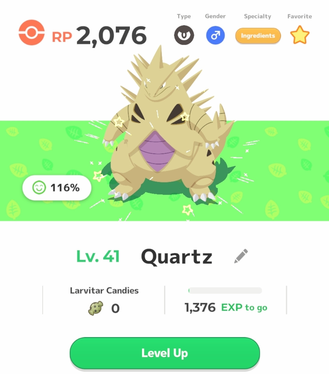 Screenshot of shiny tyranitar profile in pokemon sleep, complete with stars animation