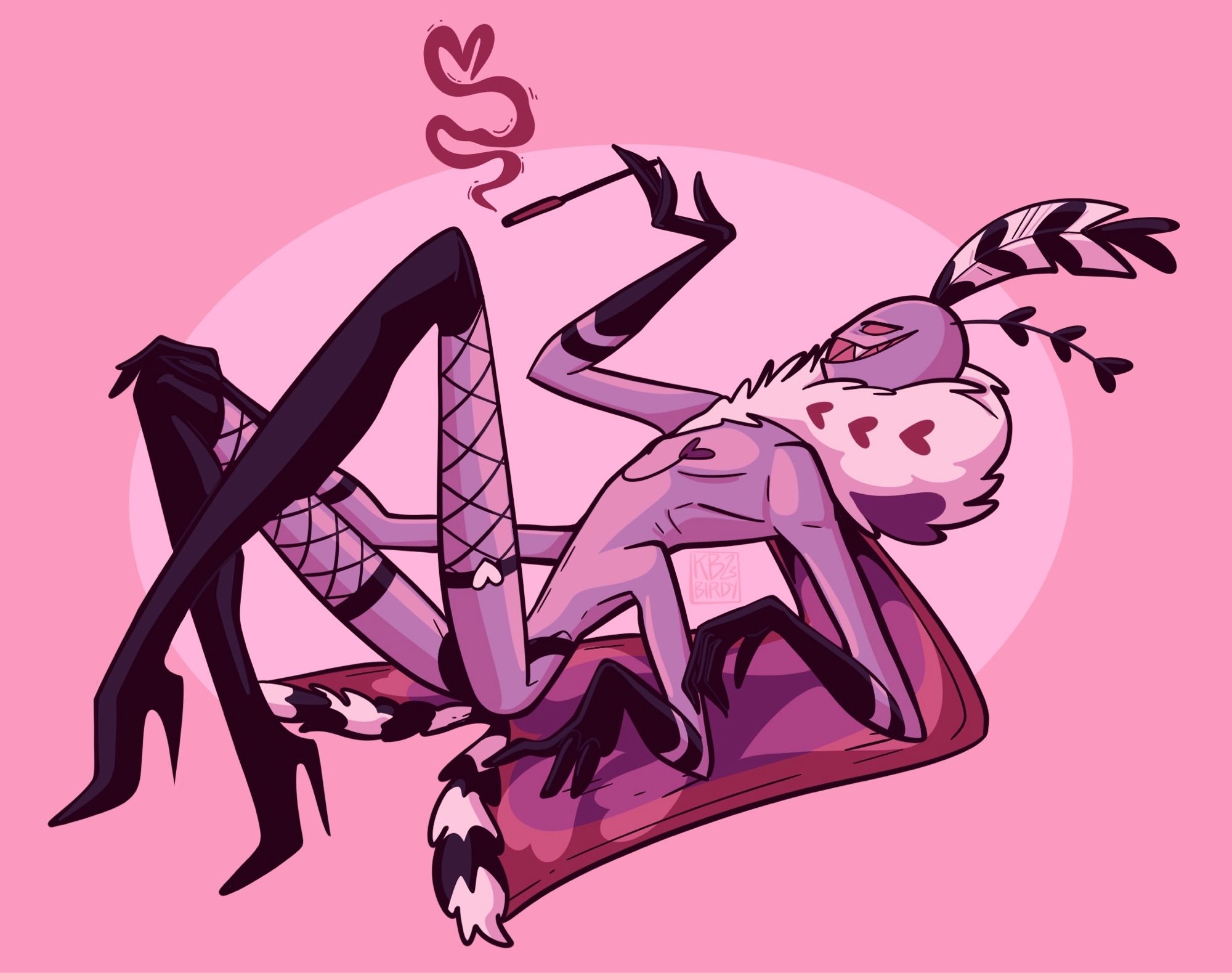 Valentino - moth character, in fishnets and high heels reclining and smoking