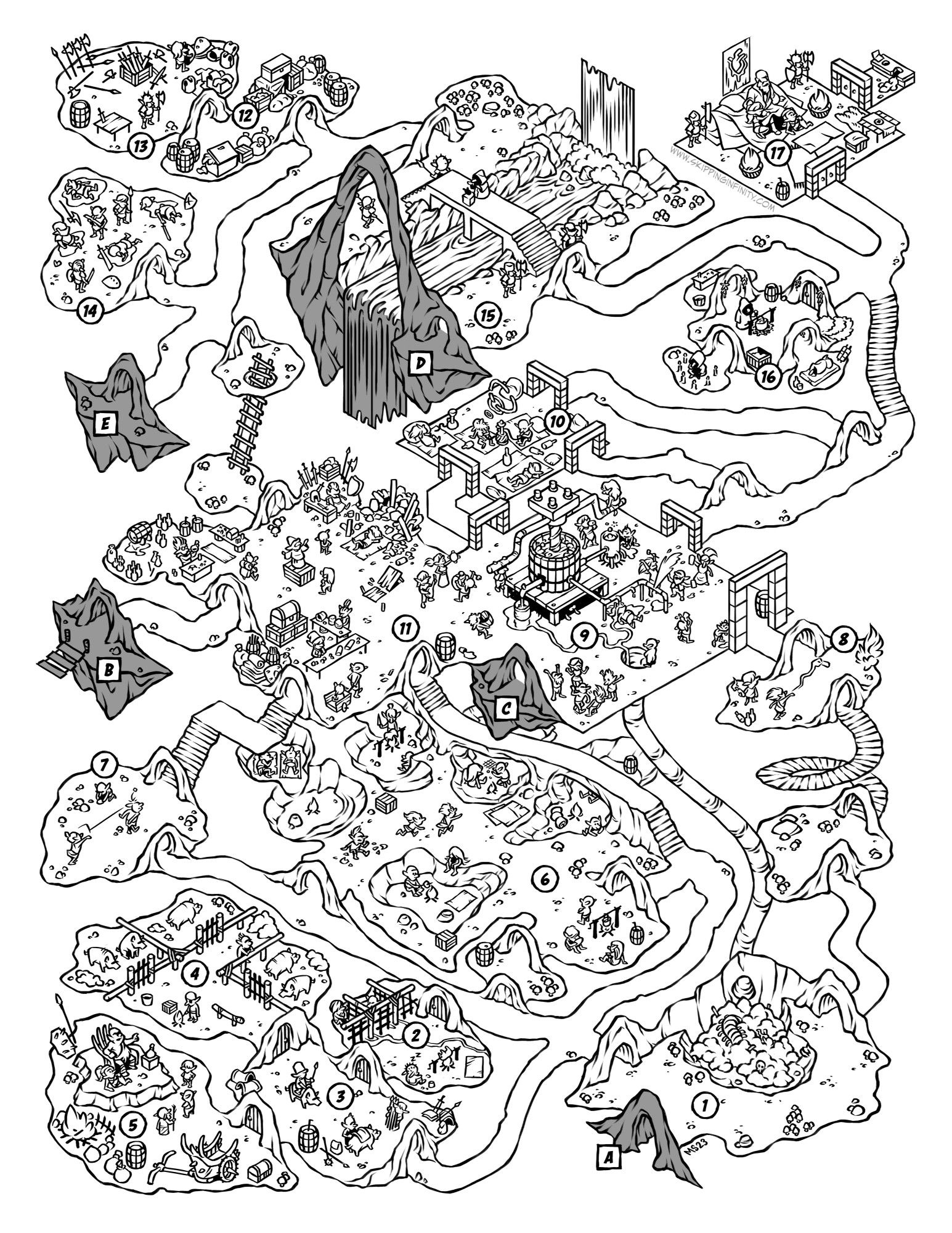 Isometric dungeon map for Goblin Warrens that appeared in Planet X Games' Three Curses for Sister Saren adventure.