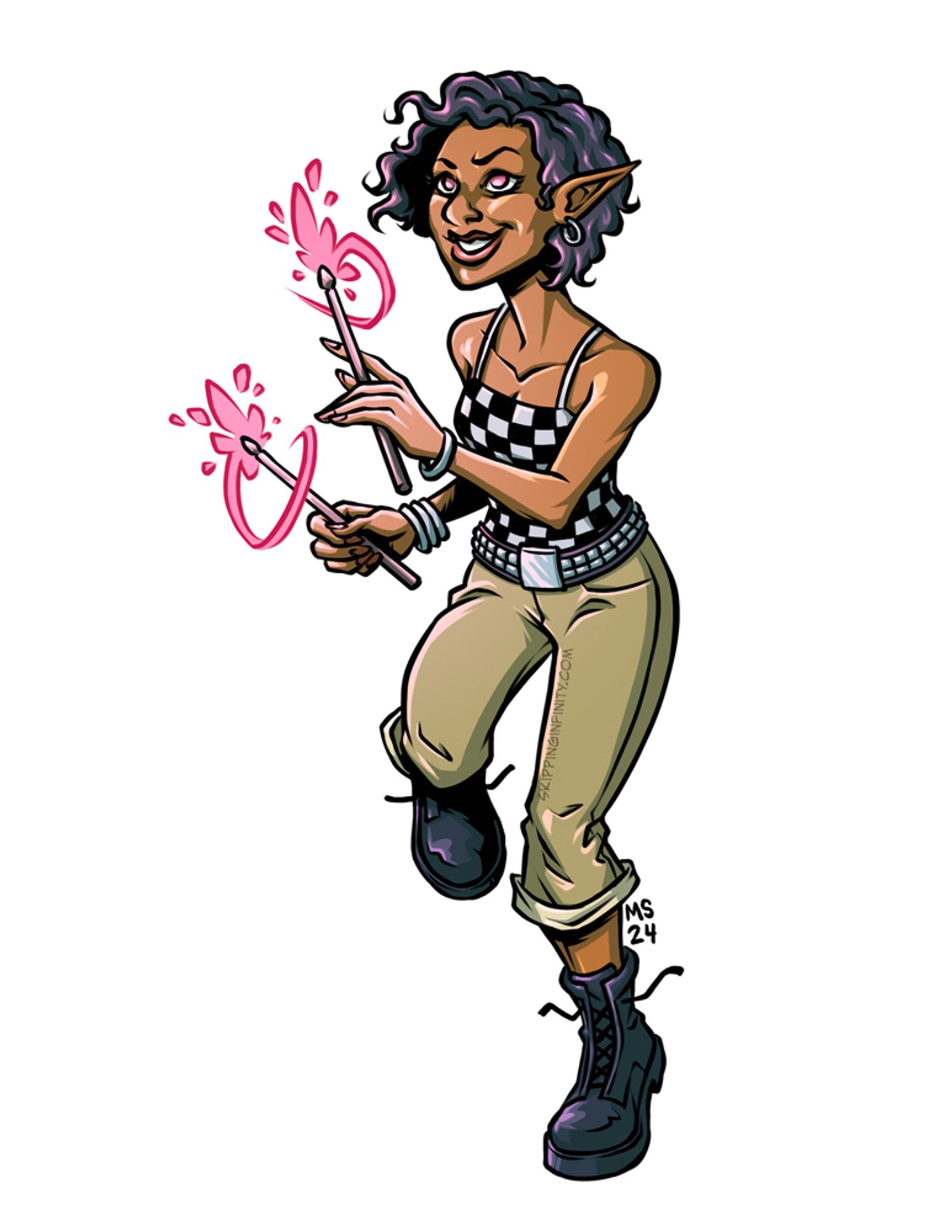 Illustration of a ska-inspired curly-haired elven woman casting magic with drumsticks for College of the Third Wave.