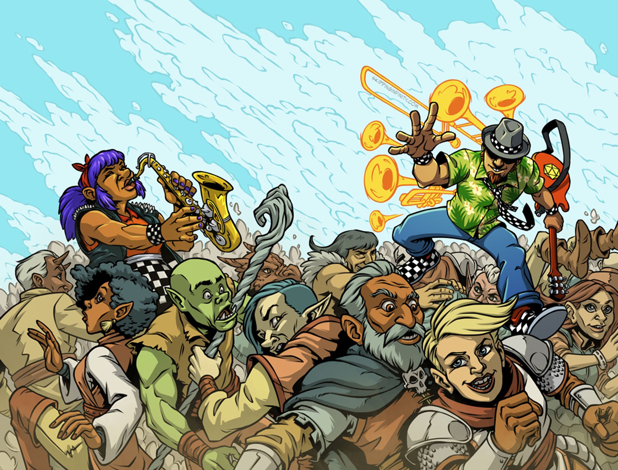 Wraparound cover art for College of the Third Wave, featuring ska bards causing a mosh pit among fantasy characters like elves, orcs, and wizards.