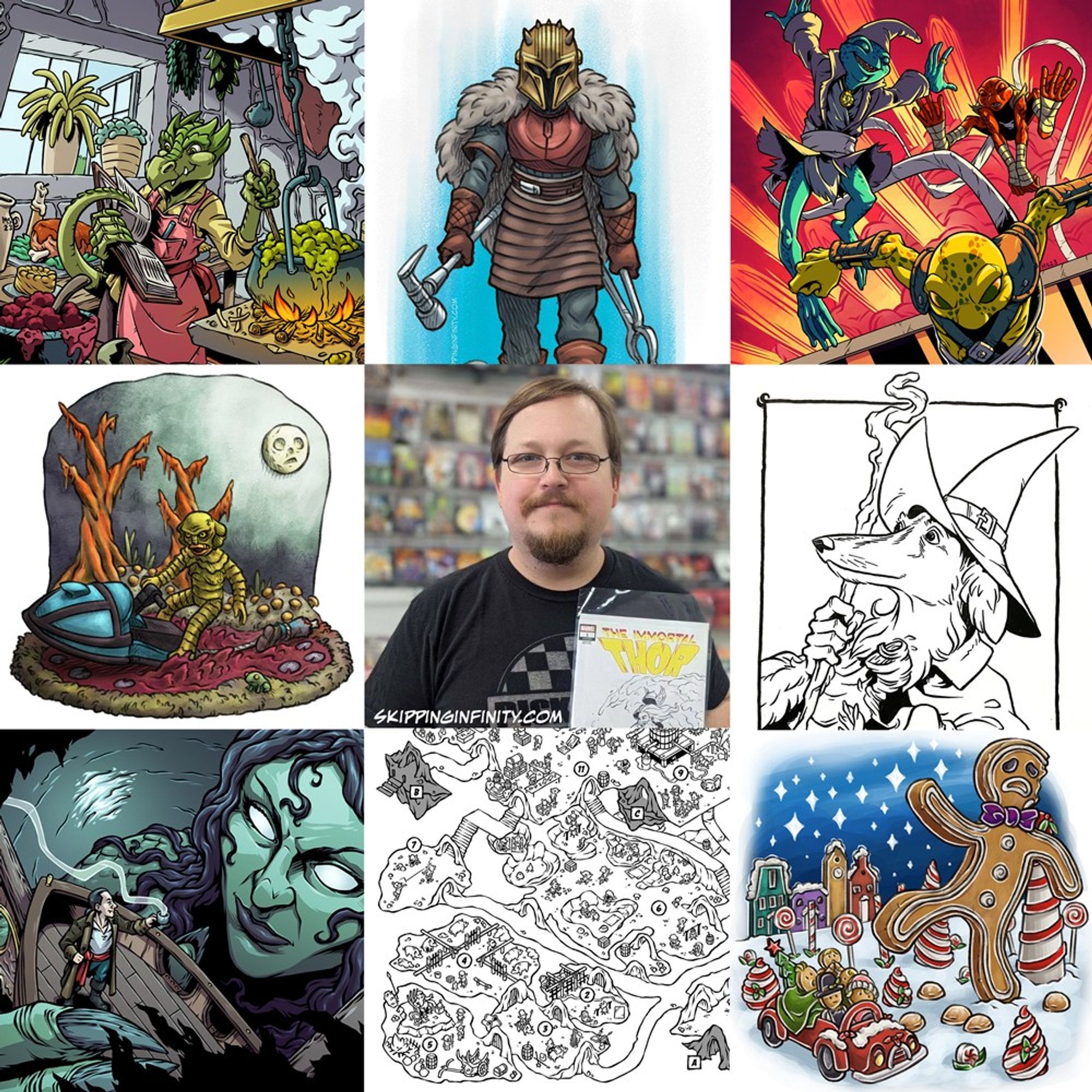 9x9 grid of illustrations from 2023 with the artist in the middle.