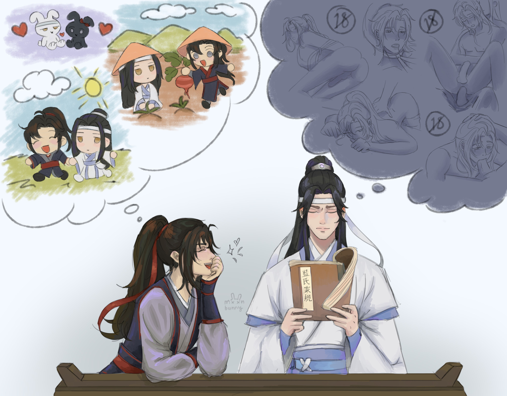 Fanart. On the left, young Wei Wuxian teasing young Lan Wangji with a thought bubble with Wangxian holding hands, farming together, and to rabbits with hearts. On the right, Lan Wangji holding a book with a frown as if upset with Wei Wuxian, his thought bubble is full of Wei Wuxian naked in different sexual positions (Wei Wuxian tied up, being pushed on to a table, giving a blowjob, etc) 