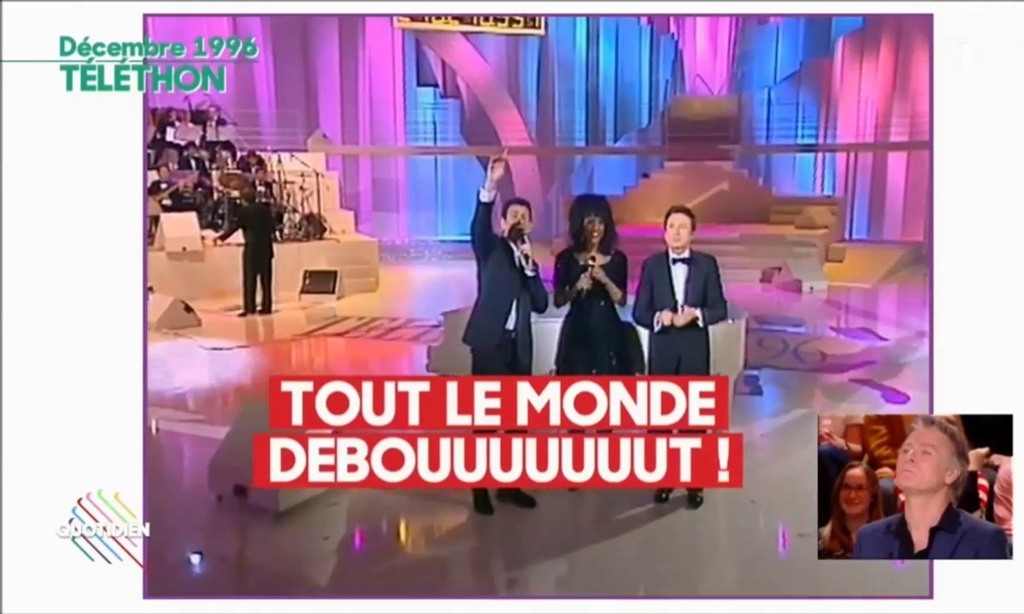 François Feldman au téléthon criant "tout le monde debout !" avant de se raviser devant l'ampleur de sa bourde et d'ajouter "là -haut..." mettant fin à sa carrière.