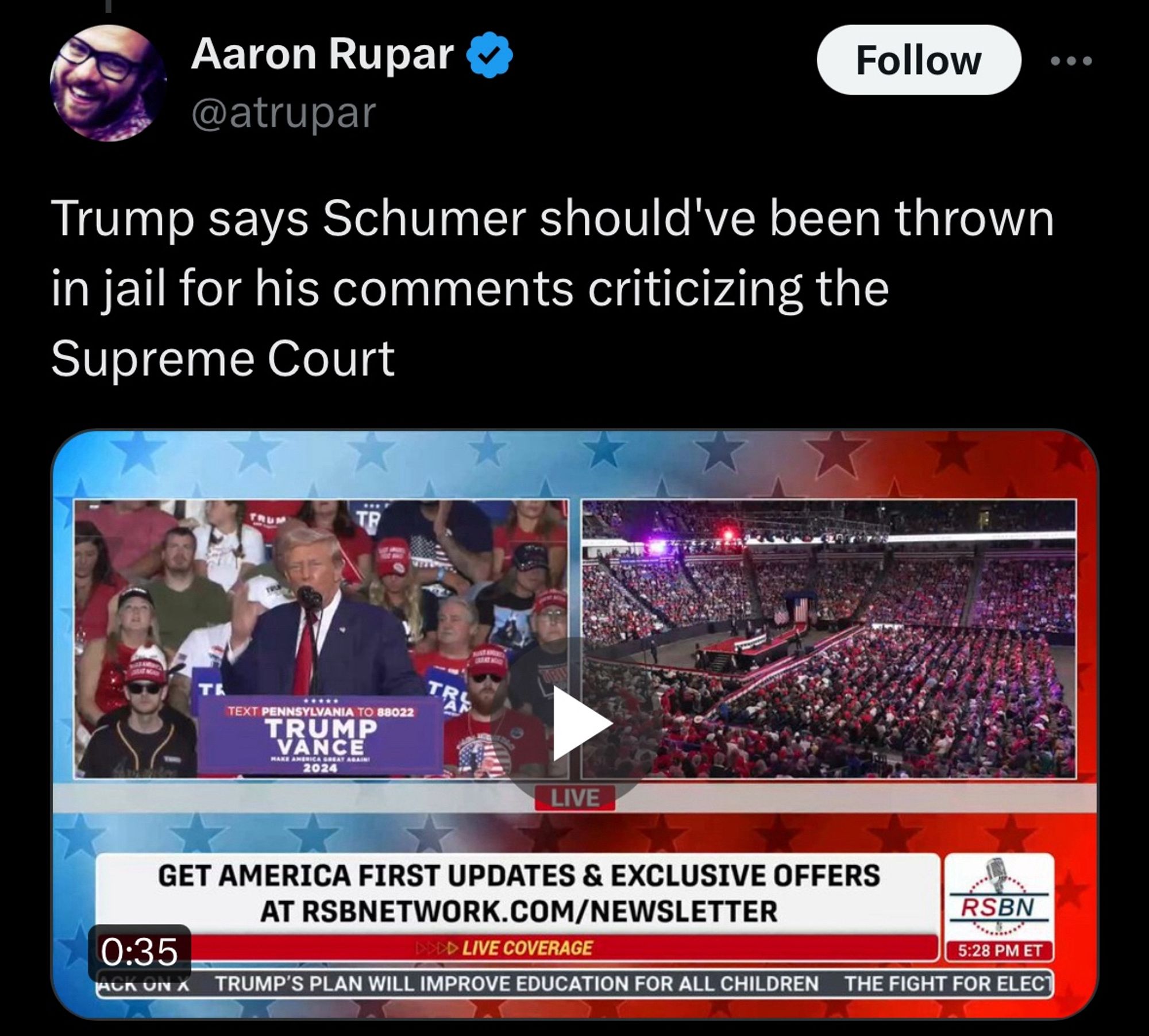 Tweet: Trump says Schumer should've been thrown in jail for his comments criticizing the Supreme Court