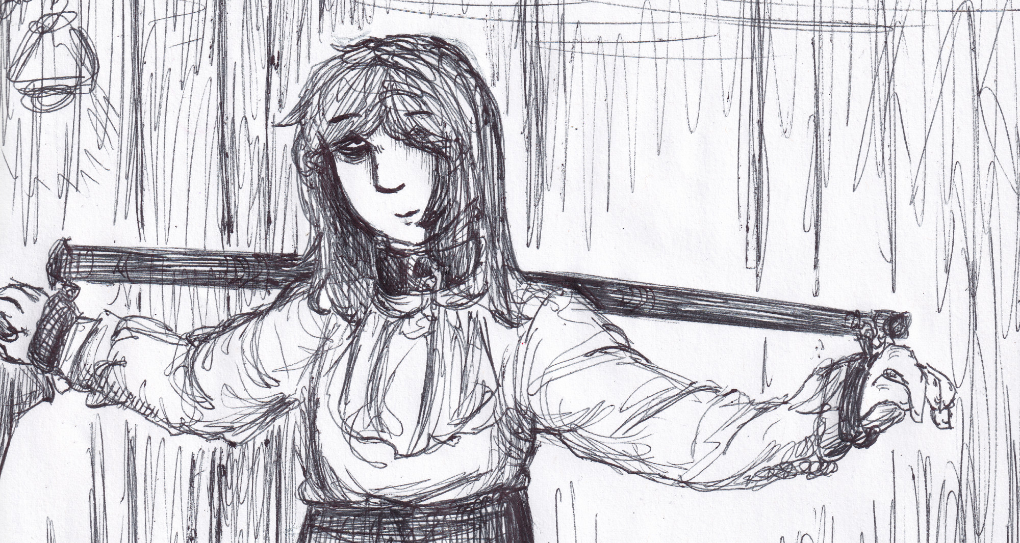 a ballpoint pen drawing of Annalise, my vampire oc, a 453 year old French transwoman. she's wearing the secretary (2002) outfit (a reference to a film) where she has a white blouse with an exaggerated necktie, a black pencil skirt, while also sporting a black spreader bar with wrist restraints and collar, making annalise spread her arms out. she has a mischievous expression on her face, her one eye hidden by her bangs and the other staring at the viewer. whose really in control here?  