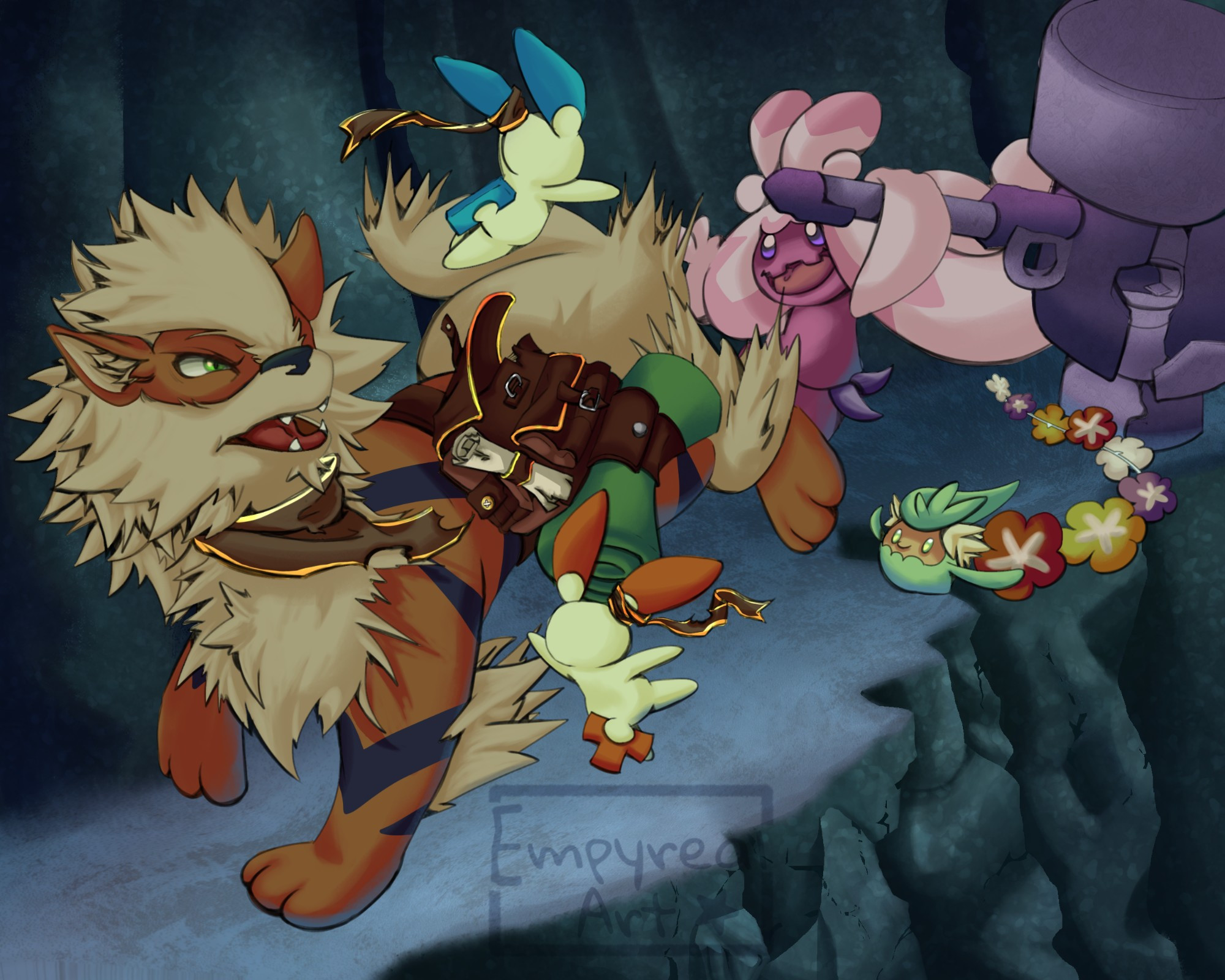 Digital art of Pokémon Mystery Dungeon where Arcanine, Plusle and Minun are fleeing from a wild Tinkaton and Comfey.