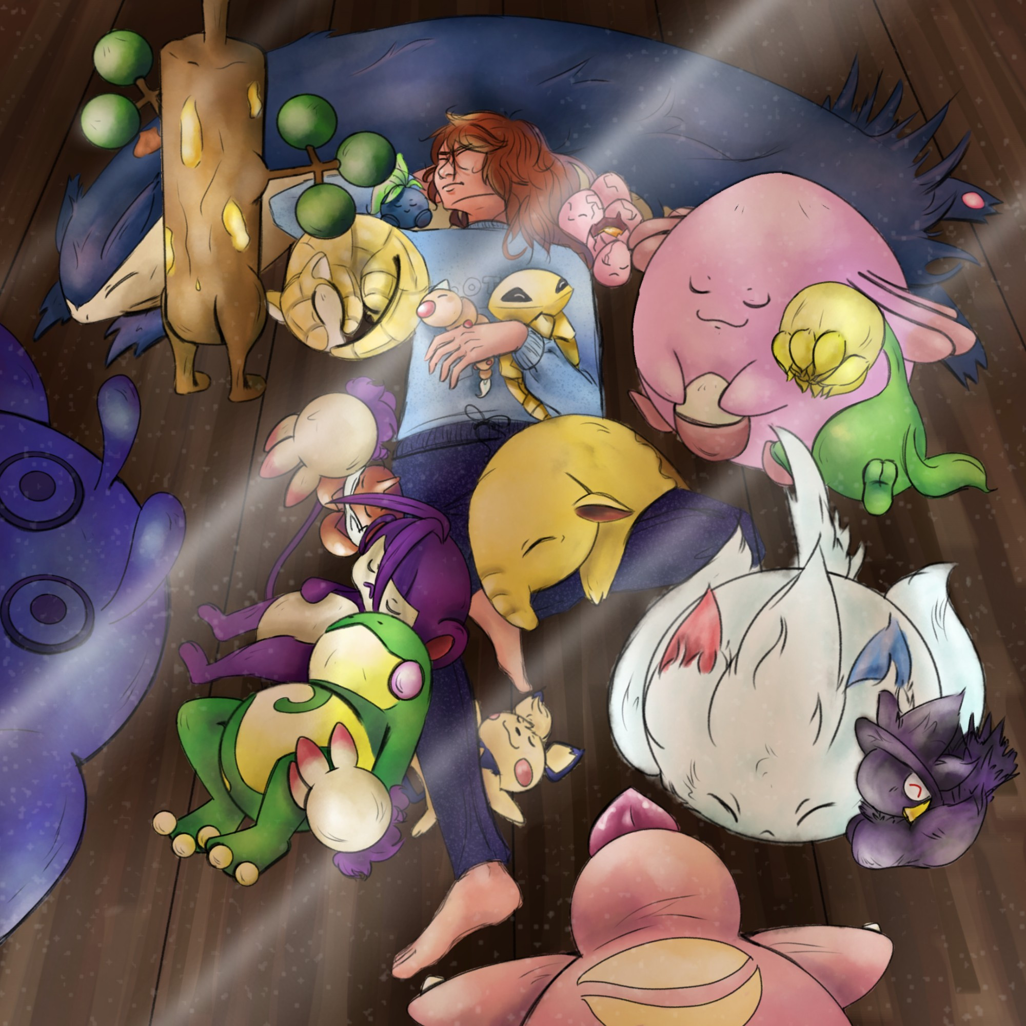 Digital art of Silver from Pokémon Special sleeping with a variety of Pokémon.