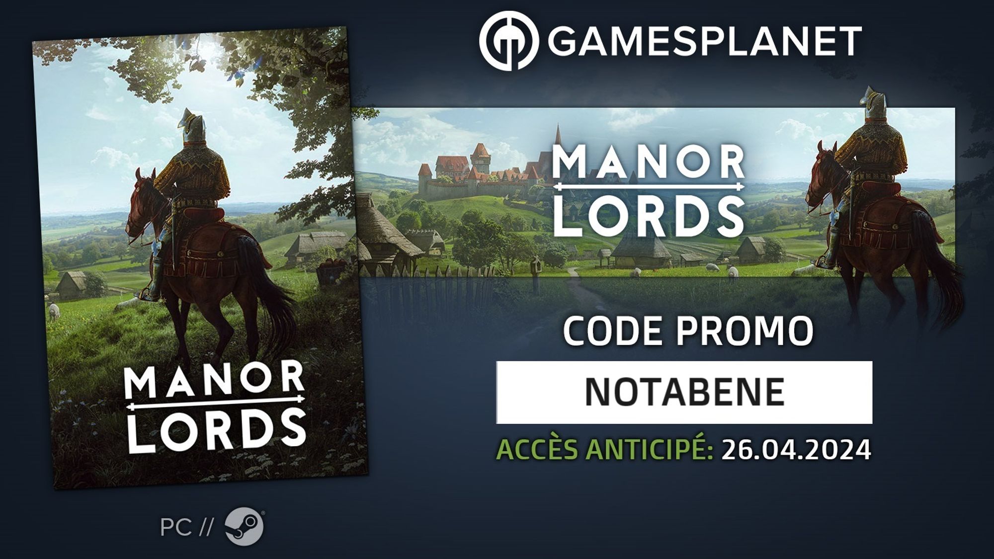 Visuel d'annonce de ma collaboration avec Gamesplanet pour la sortie du jeu Manor Lords.