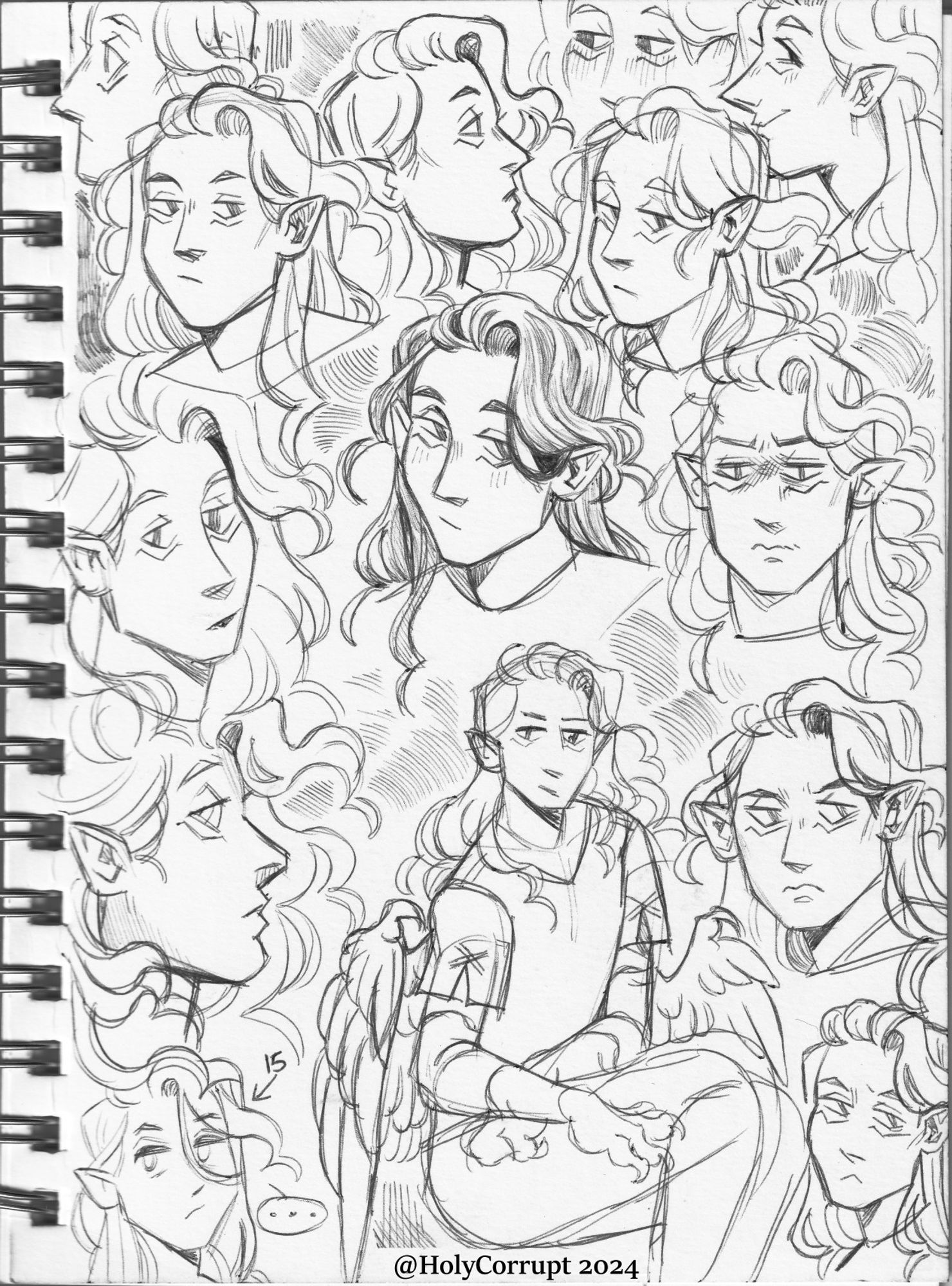 a scan of my sketchbook featuring my character Francis in a variety of expressions