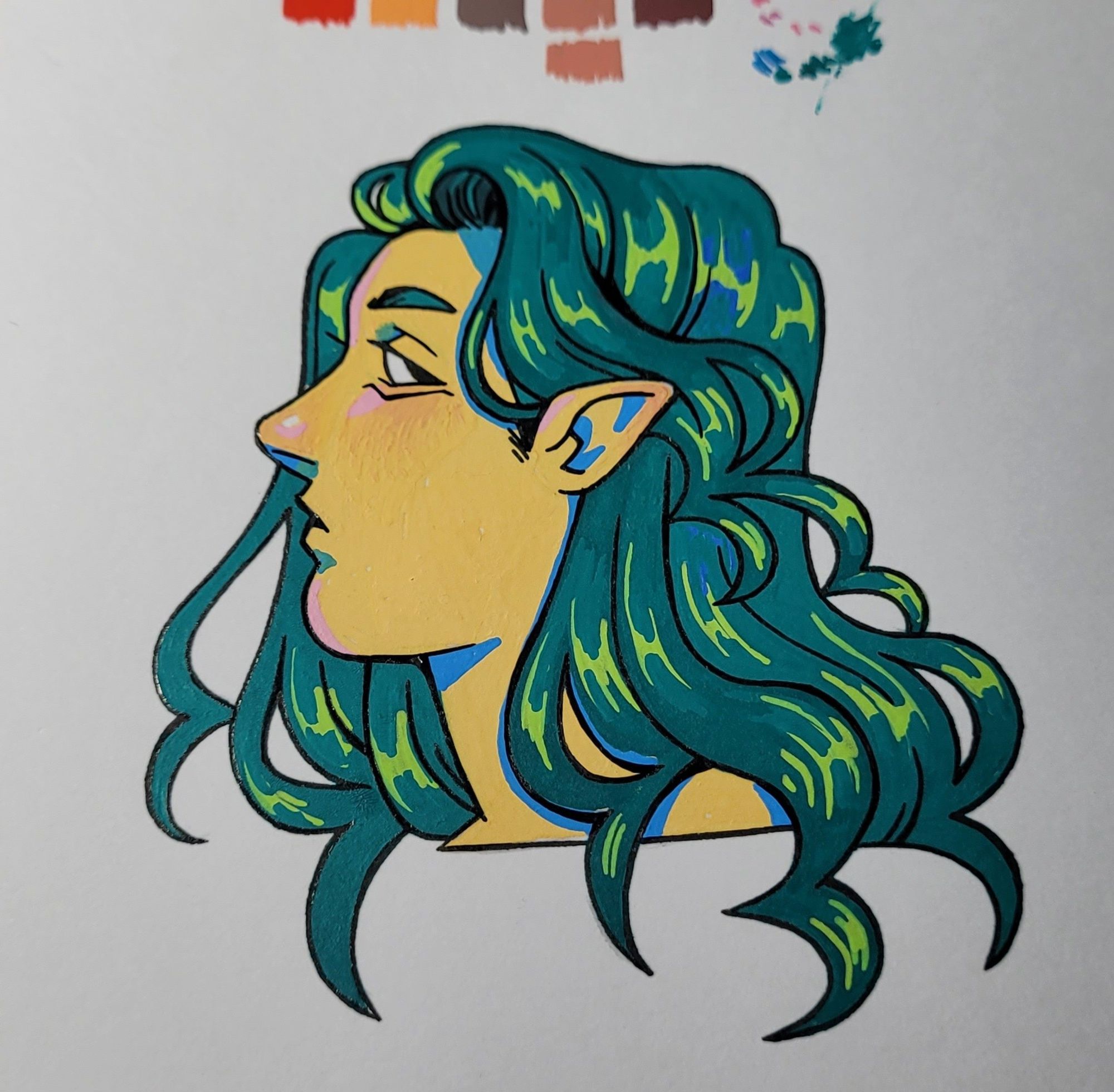 A colorful traditional art headshot painting of my oc Francis with long flowing hair. Done with acrylic markers.