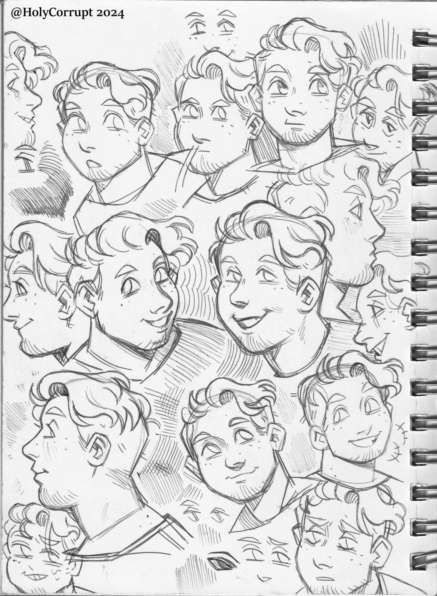 a scan of my sketchbook featuring a bunch of headshots of my character Sam in a variety of expressions