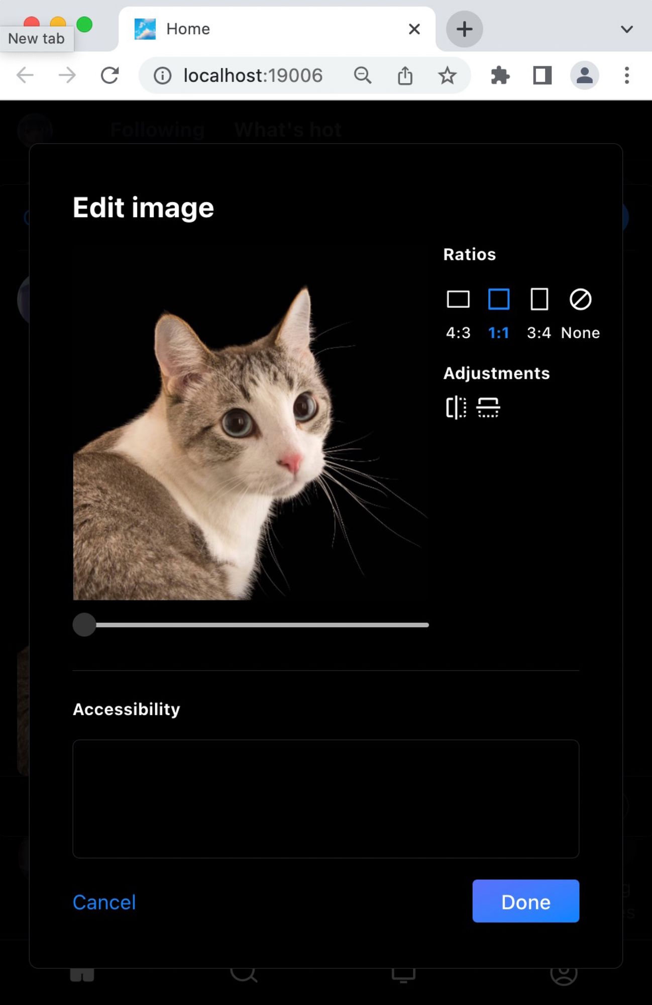 Anticipated changes for the web image editor modal, including: setting alt text, flipping, image preview, and default aspect ratio.