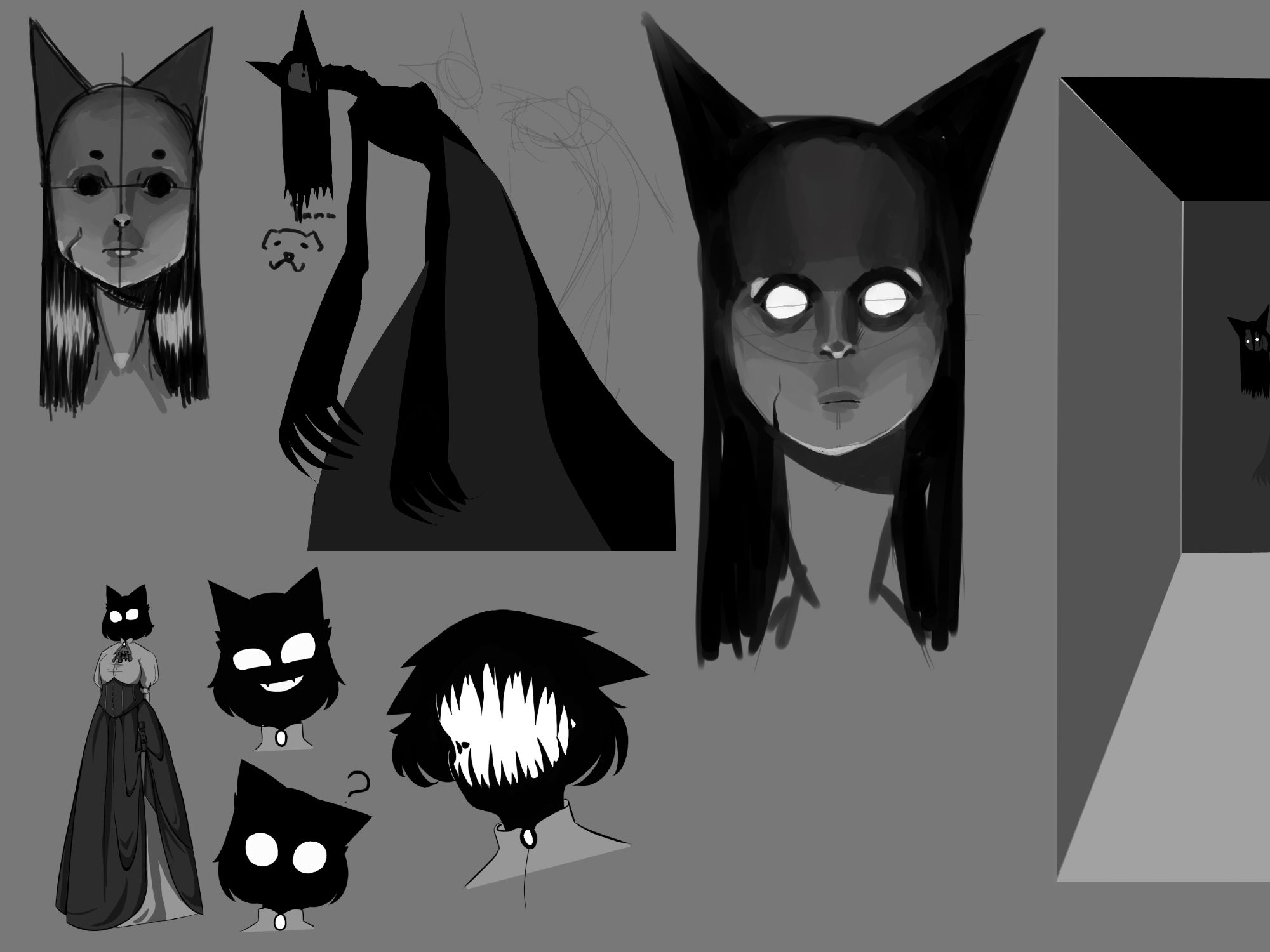 A series of creepy sketches of an elongated female entity with dark spikes upon her head that somewhat resemble cat ears