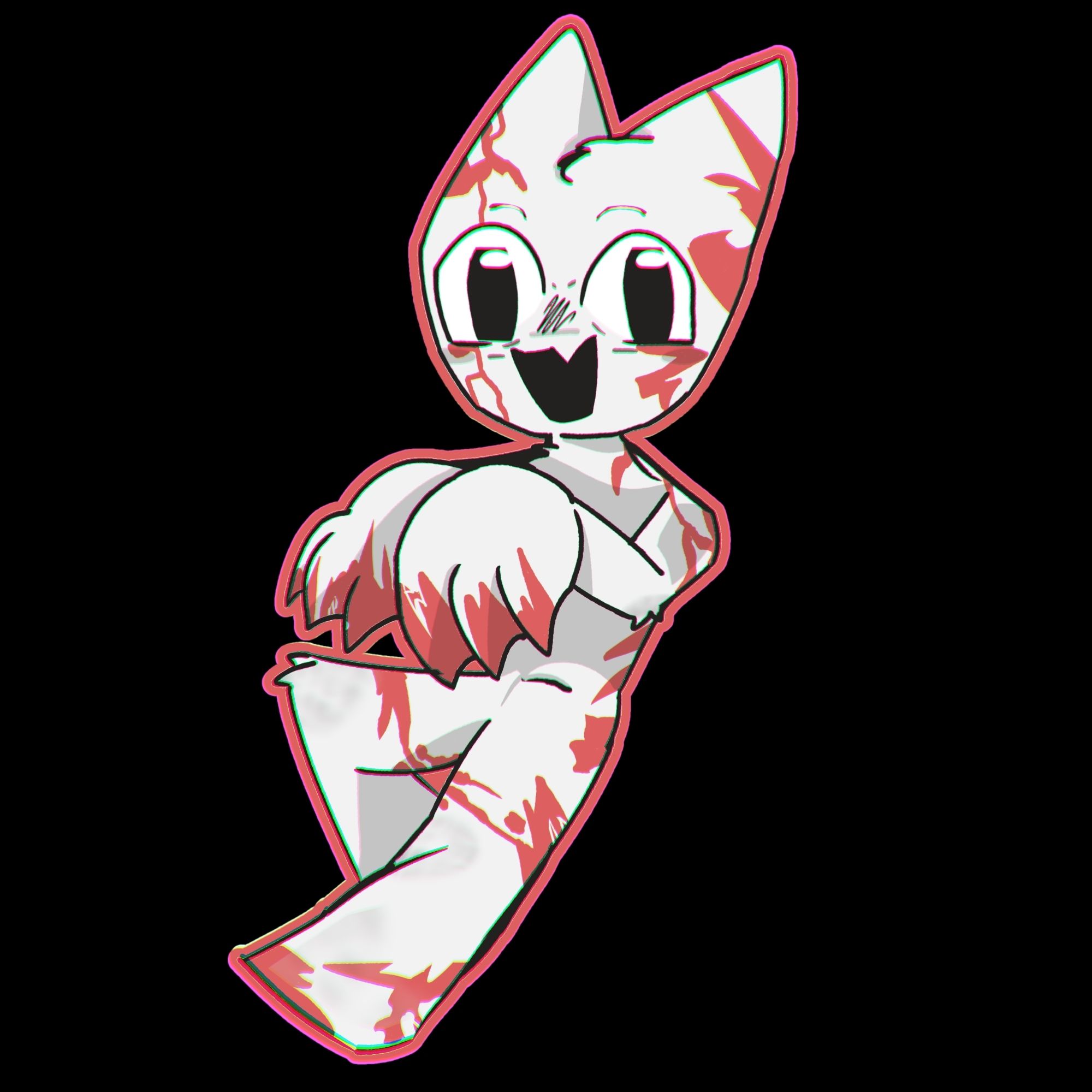 A drawing of Femtanyl's cat mascot, Token. Token is a white cat with large clawed paws and cartoon proportions. This variant of the art is covered in blood.