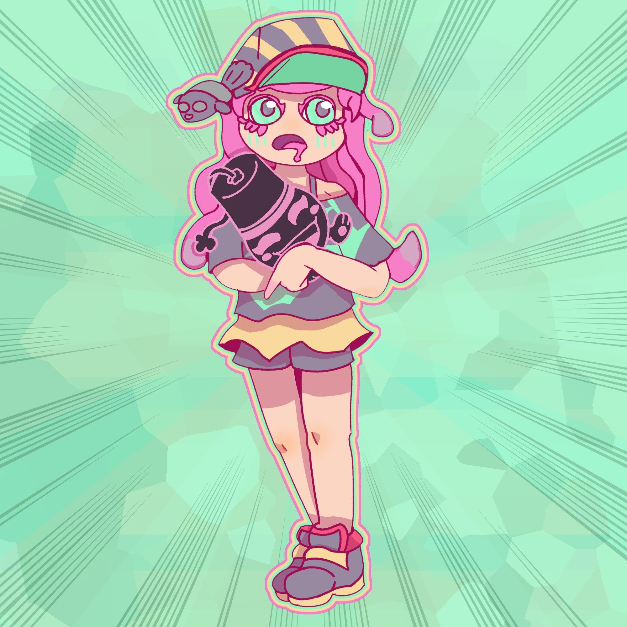 A drawing of Harmony slash Paruko from Splatoon 3. She has pink tentacley hair, and is holding a sort of orb creature some may know as "erryy" from the video game known as "real life."