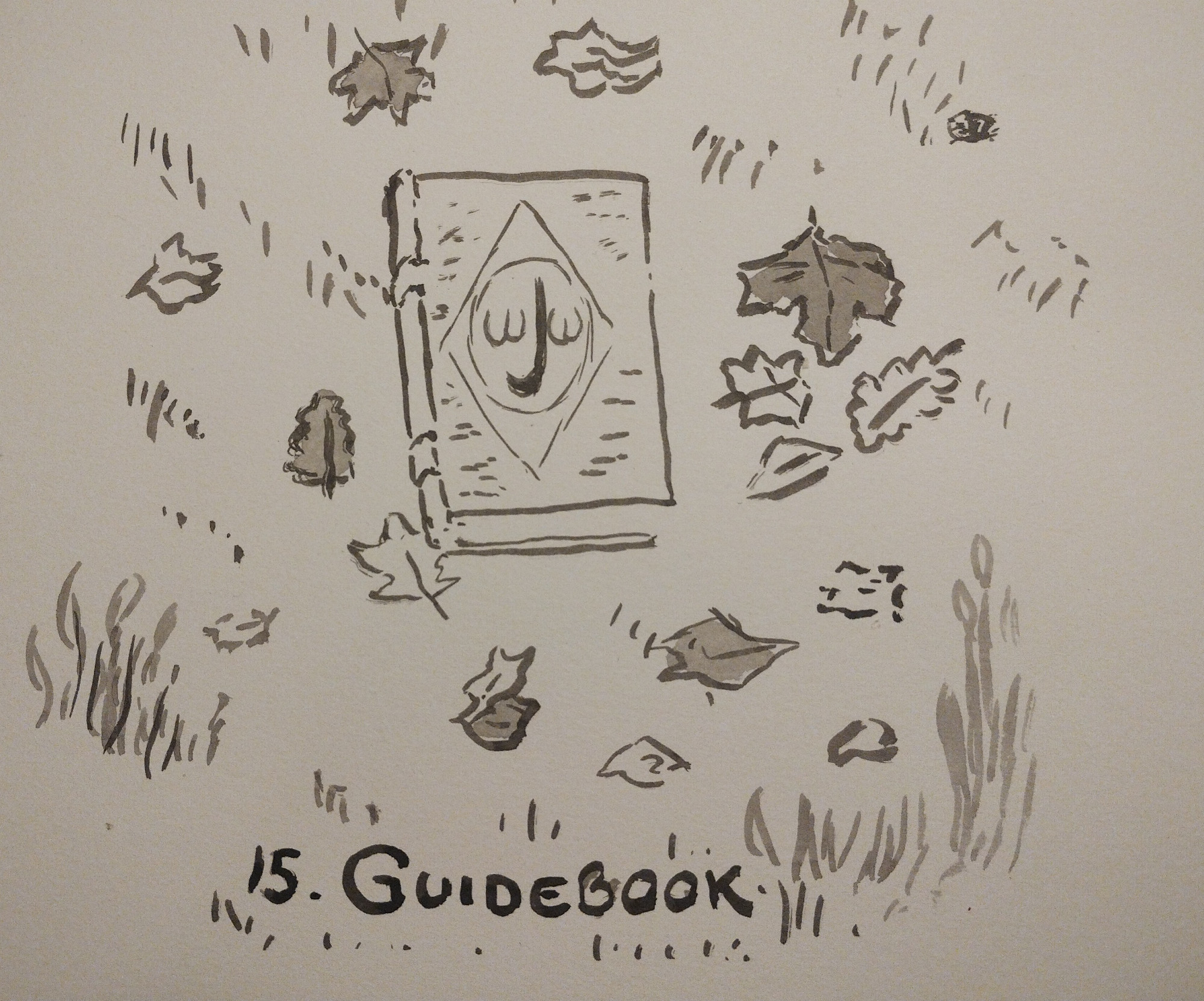 An ink drawing of a book lying in the grass with fallen autumn leaves around it. The cover only consists of a logo: a stylized J surrounded by two Ws.