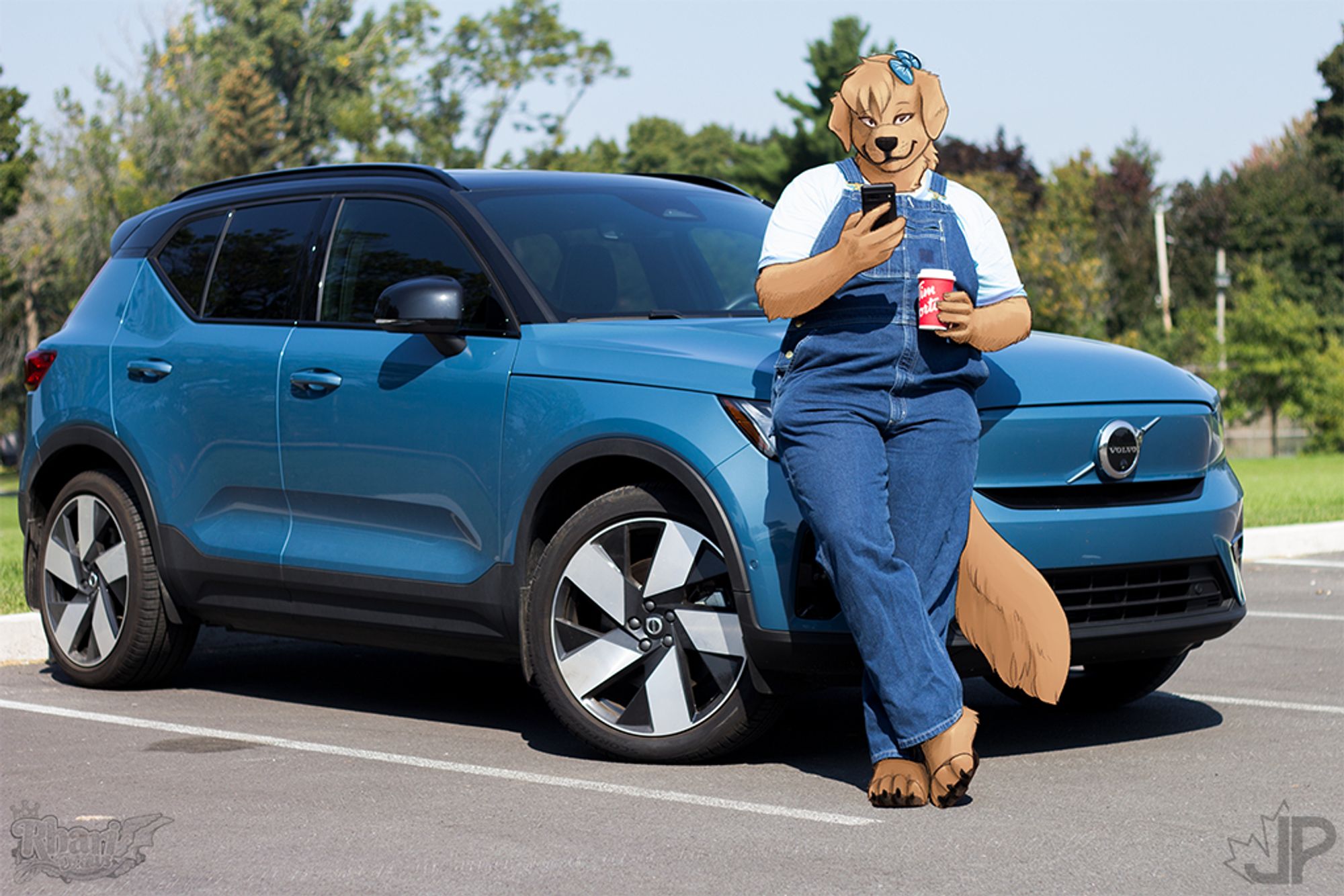 A picture of a Volvo XC40 Recharge in blue parked in front of a park, with a person in front of it. The individual has the flesh parts drawn over to look like an anthro dog.