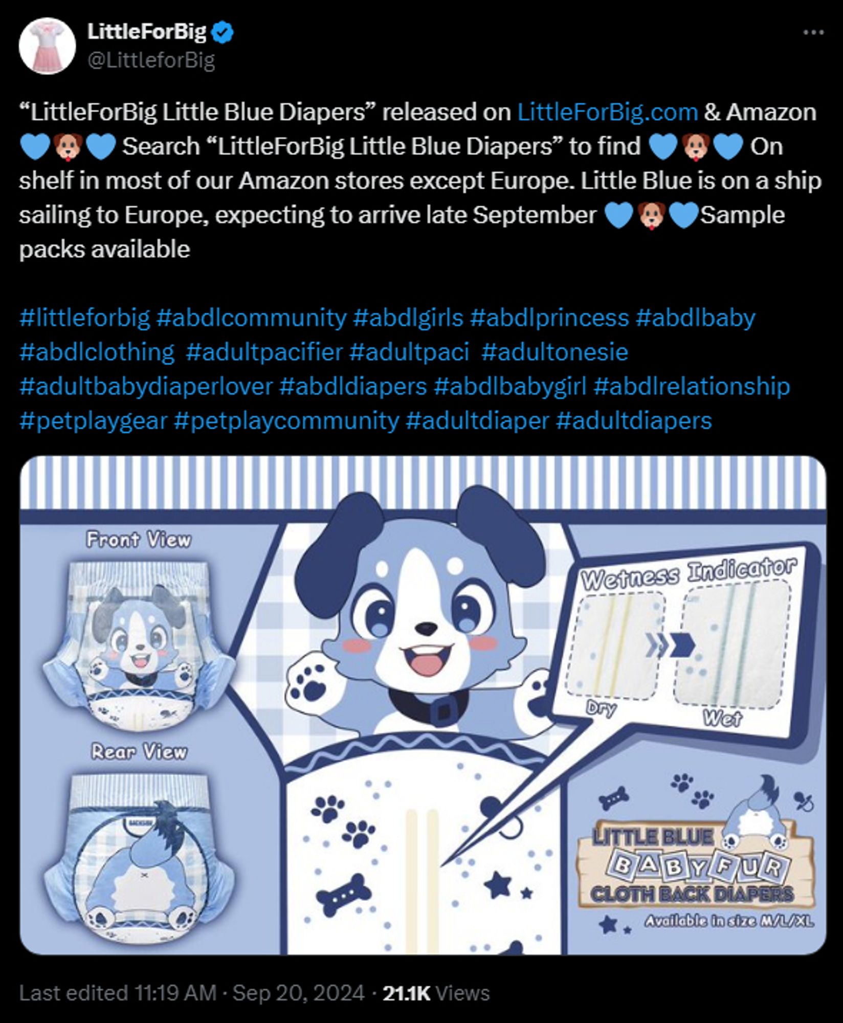 Screenshot from Twitter of the LittleForBig announcement for their "babyfur" diapers.