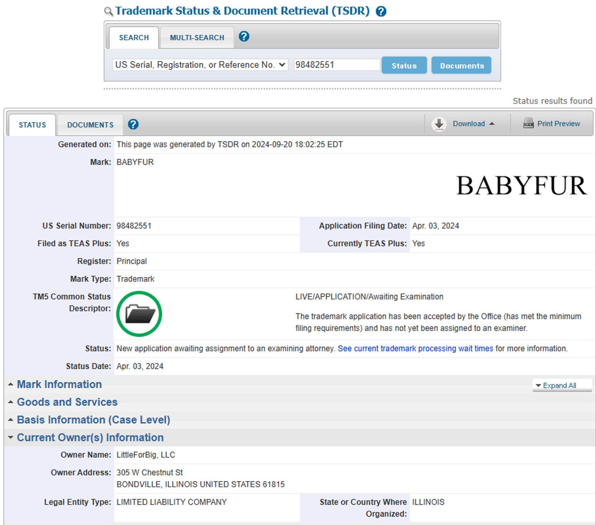 Screenshot of the USPTO's result for reference #98482551, filed by LittleForBig for the trademarking of the word "Babyfur".