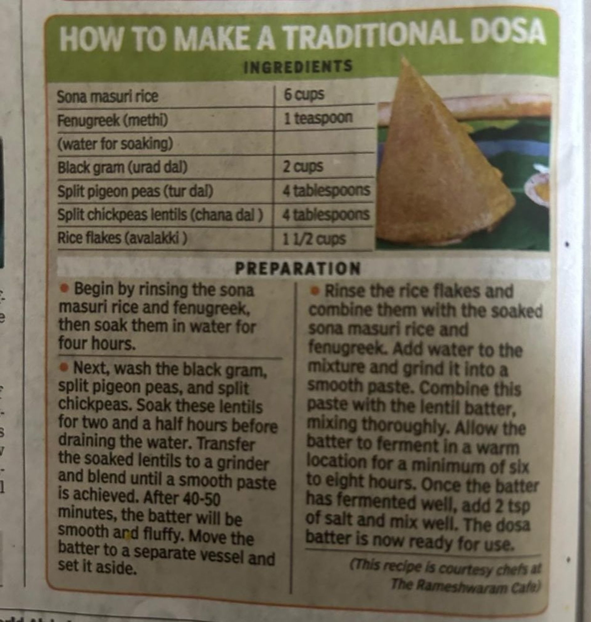 Dosa recipe from the chefs at Rameswaram Cafe in Bengaluru.