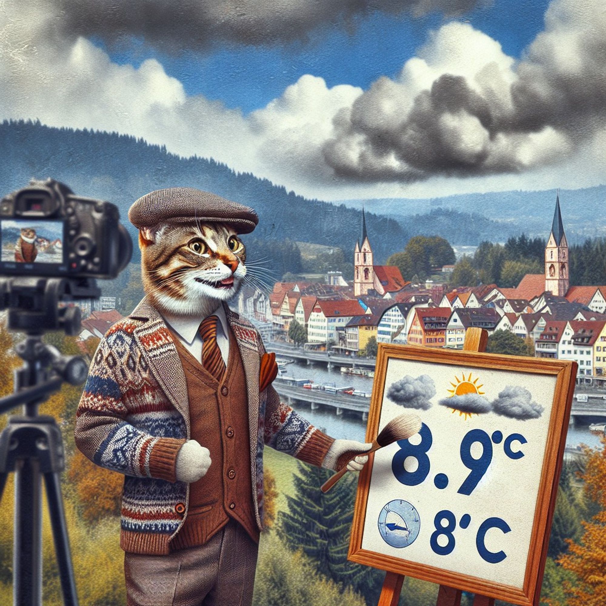 Cat painting the weather in front of camera