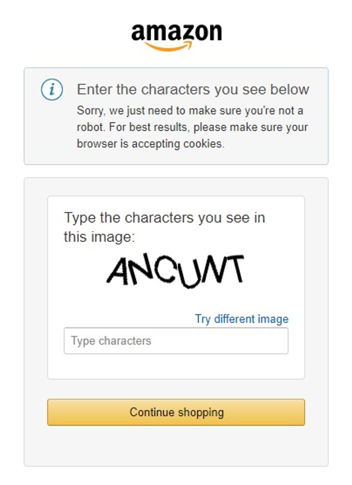 An Amazon CAPTCHA prompt which appears to read "AN CUNT"