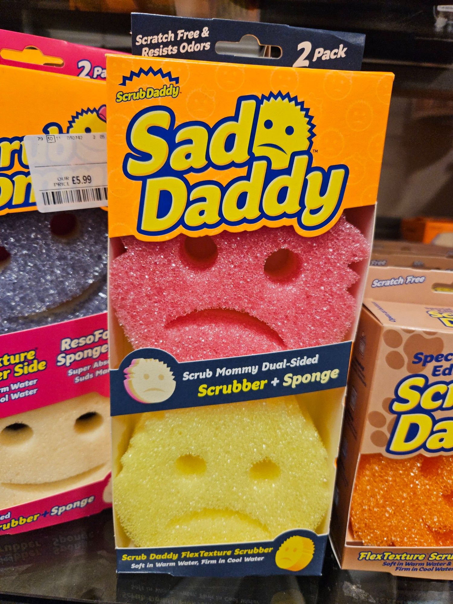 A special edition of the iconic Scrub Daddy sponge two-pack: Sad Daddy (in which the branding and sponges therein look suitably sad to match)