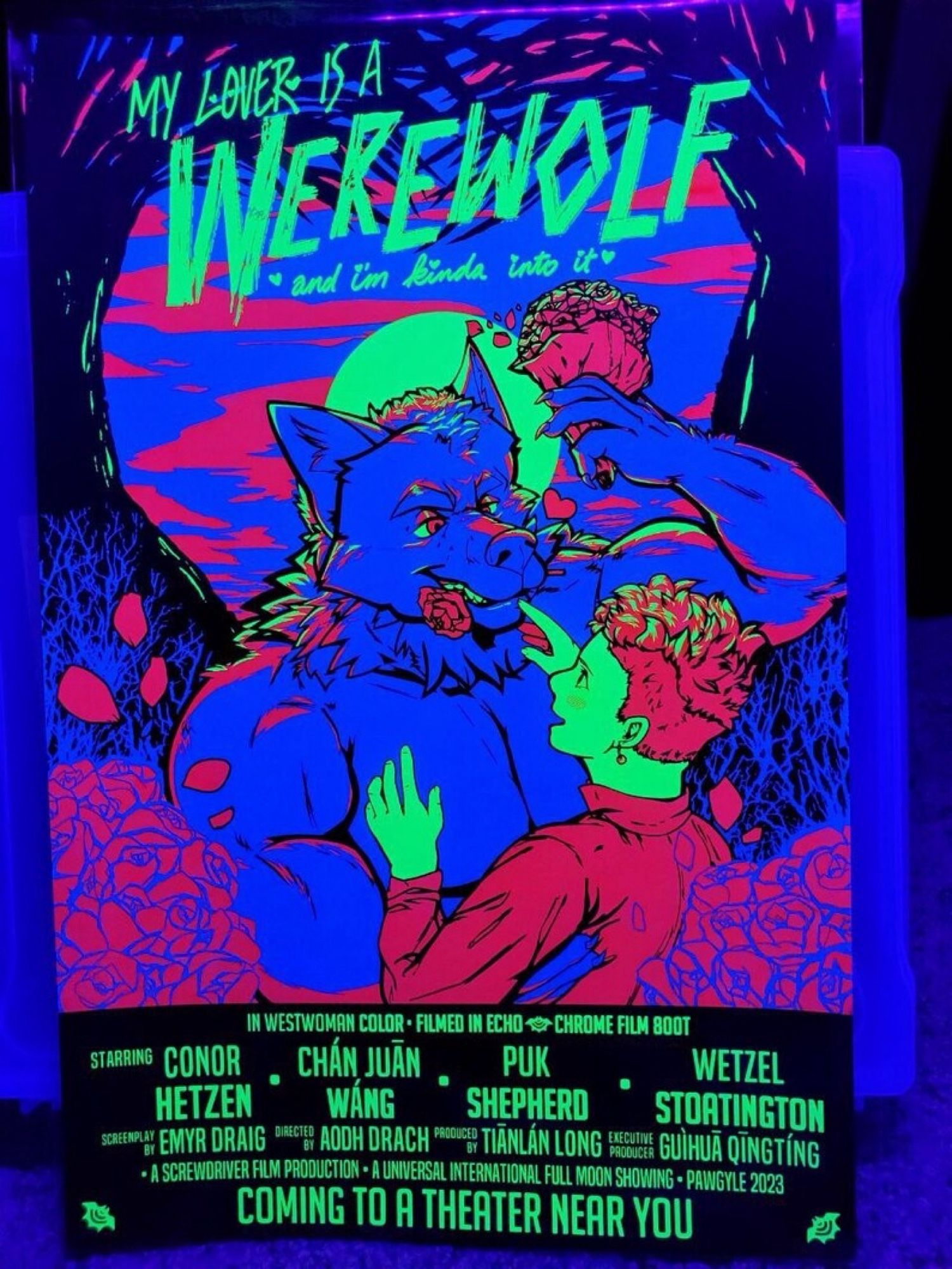 Black light poster for a fictional movie called “my lover is a werewolf, and I’m kind of into it“