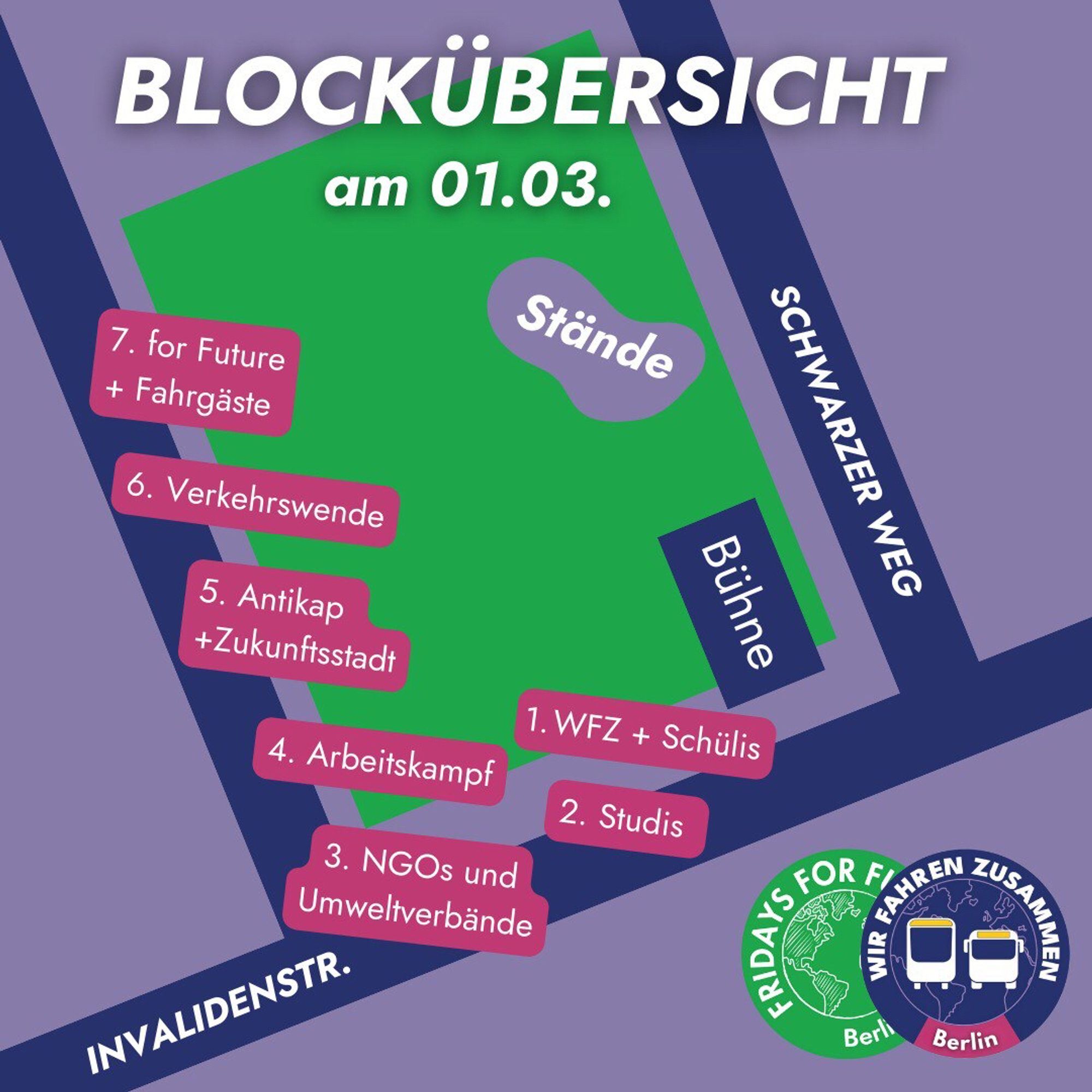 Grafik von #FridaysForFuture zur Aufstellung der Blöcke Freitag 01.03. am Invalidenpark