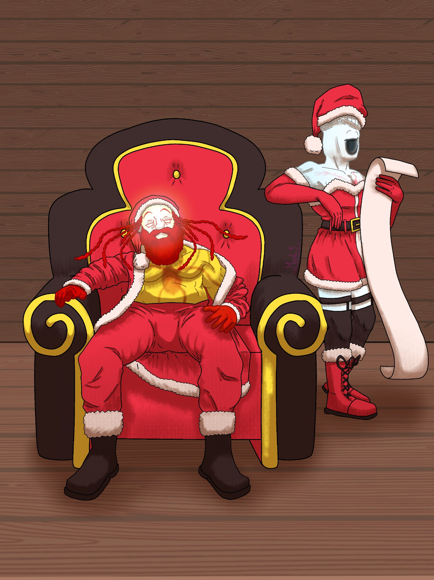 Minos Prime and Sisyphus Prime depicted in "Sexy Santa" costumes.