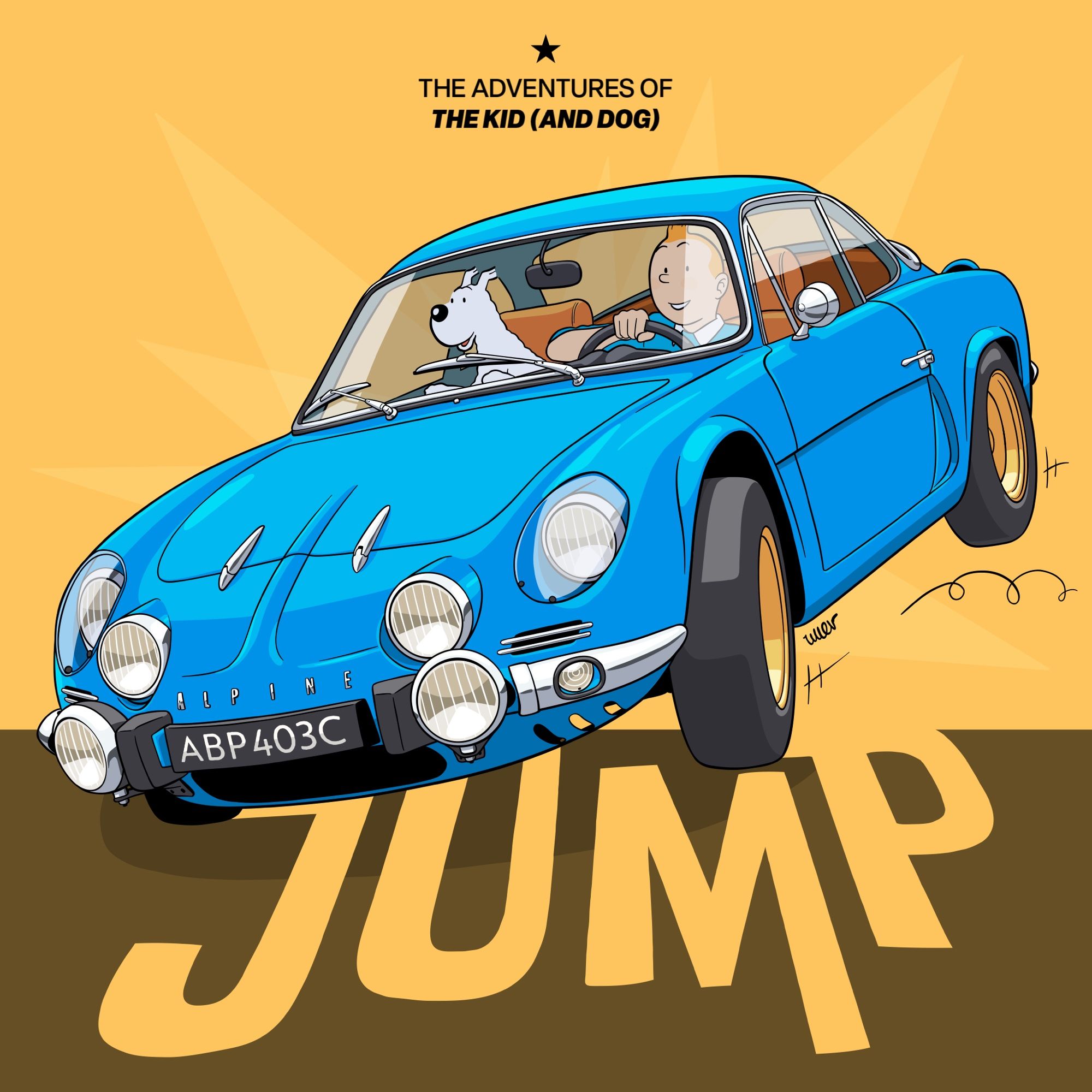 Illustration of an Alpine A108 or A110 classic car, with comic characters Tintin and Snowy / Milou as test drivers.