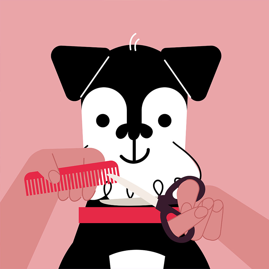 Ilustração de um cachorrinho tendo a barba aparada por mãos que seguram um pente e uma tesoura
