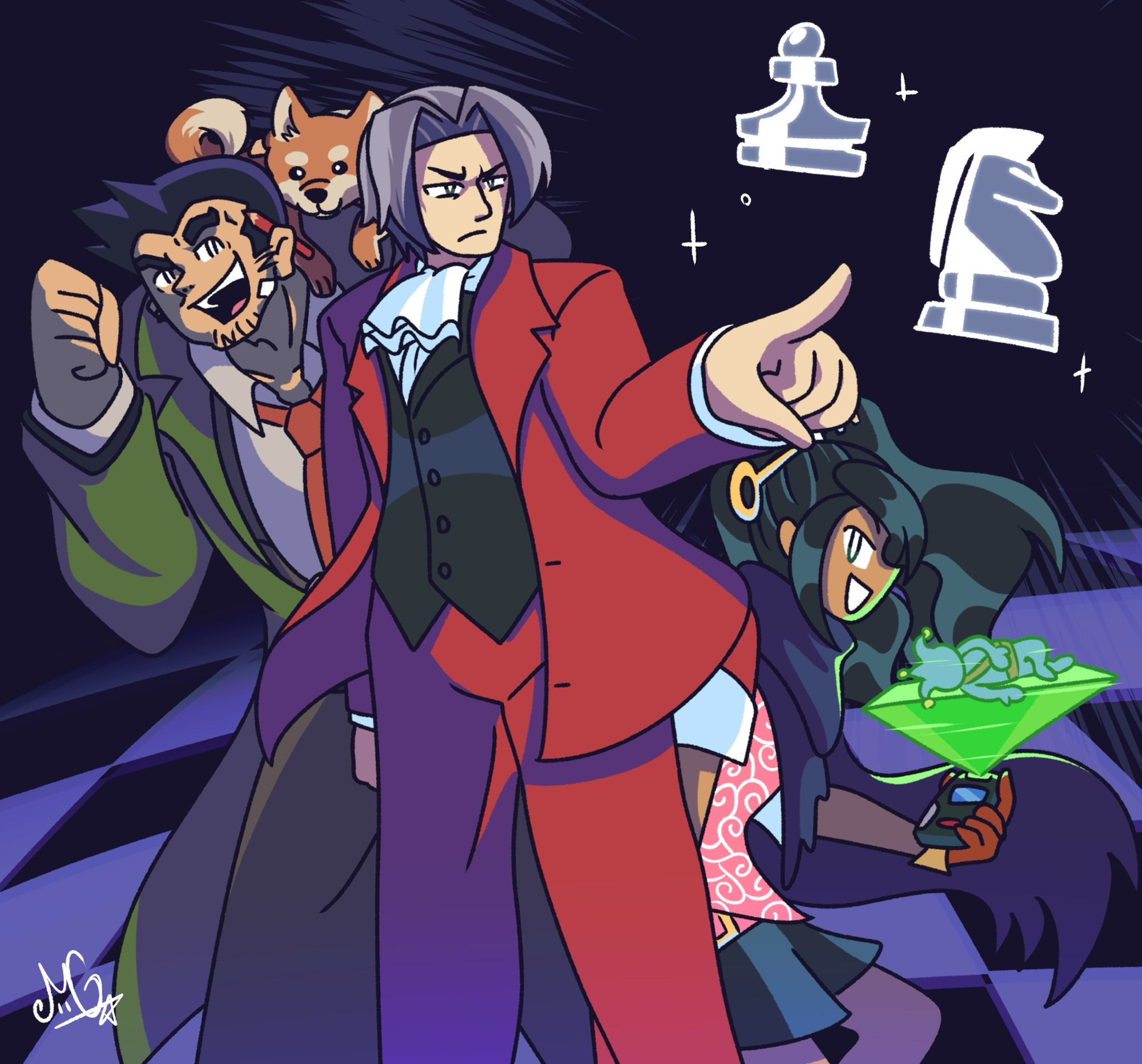 Miles Edgeworth pointing menacingly while chess pieces float and Gumshoe and Kay cheer