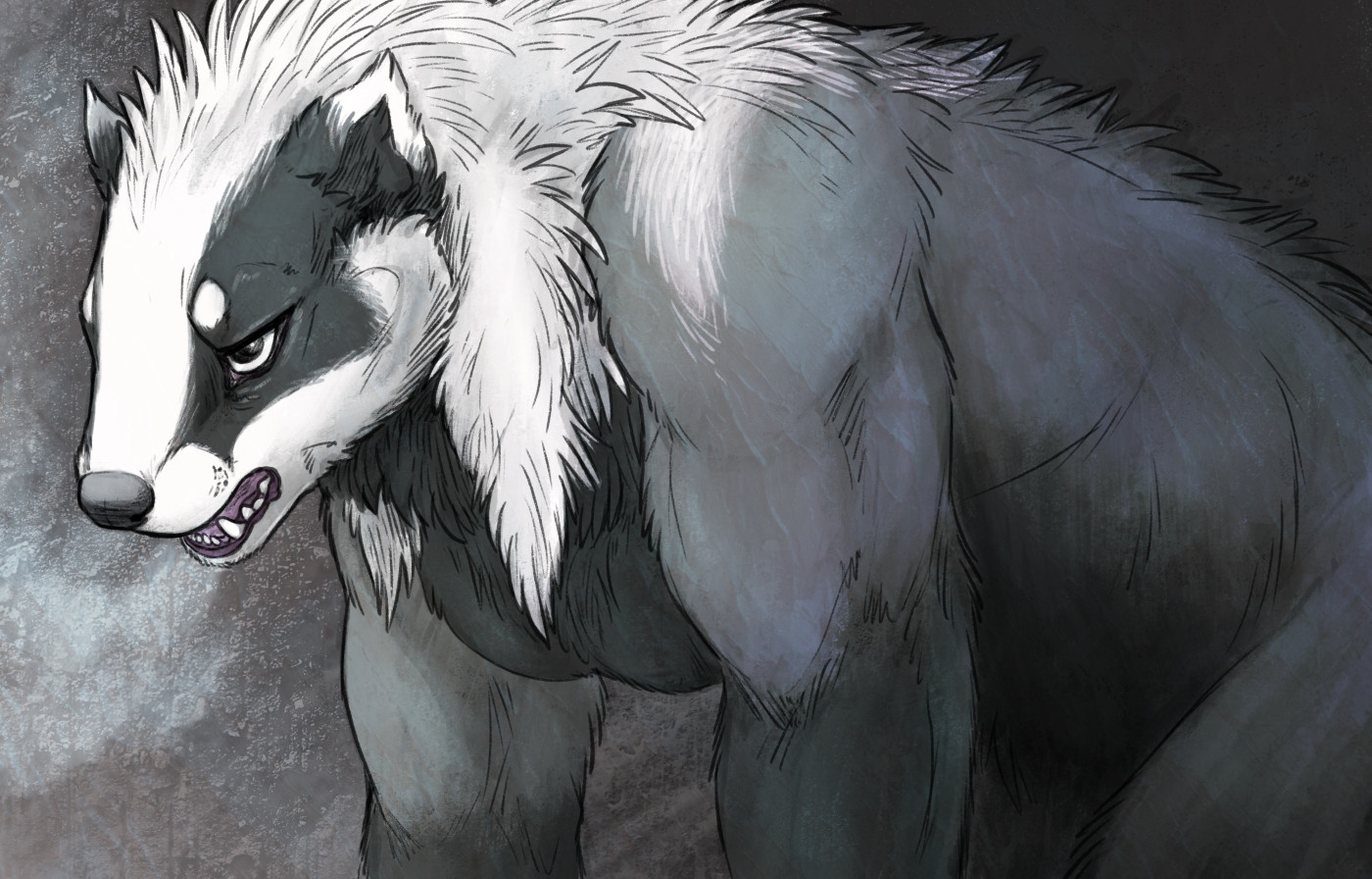Furry badger lady (Freya) hunched over on all fours.